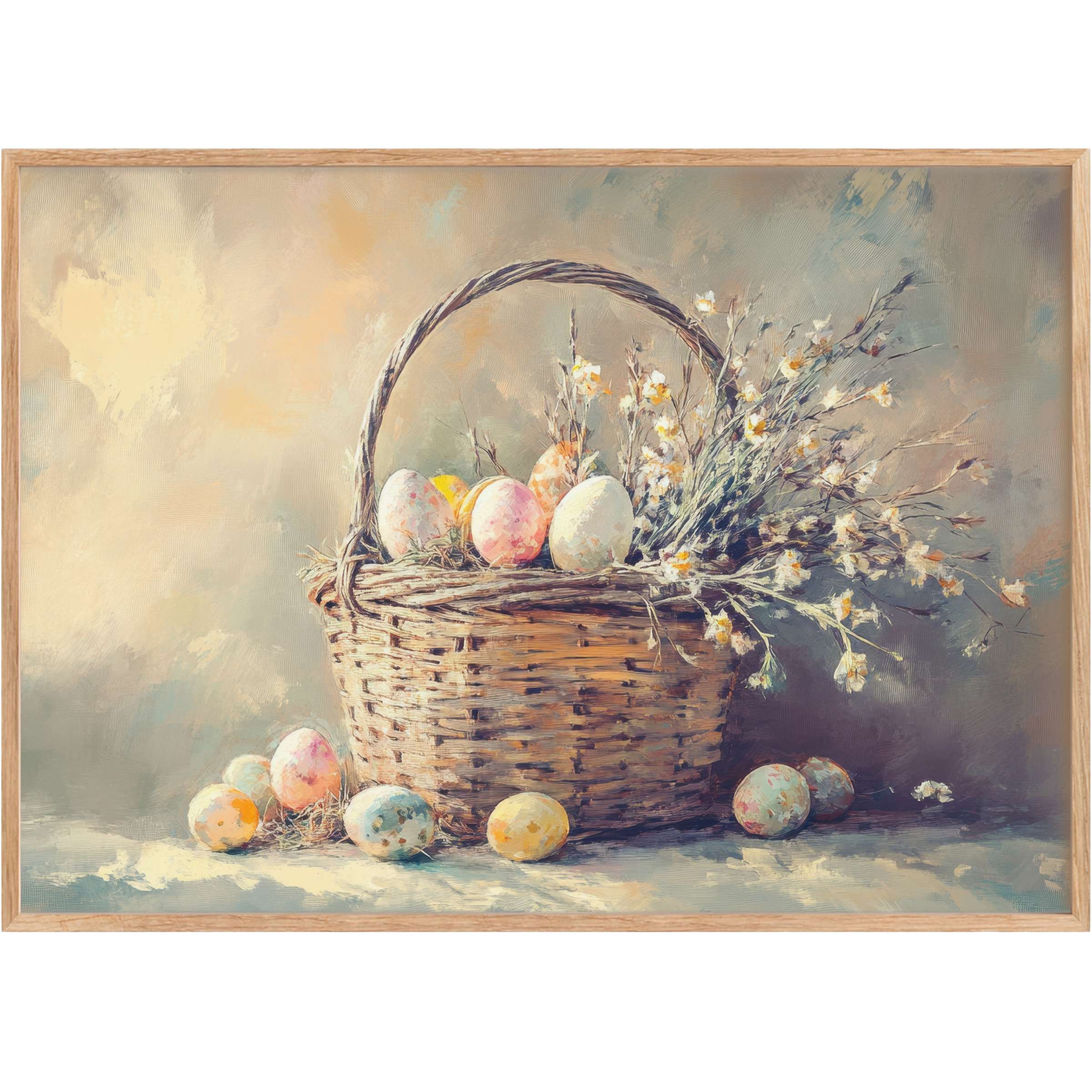 Rustic woven basket with pastel Easter eggs and soft white blossoms, creating a calming, timeless ambiance-perfect easter printable wall art