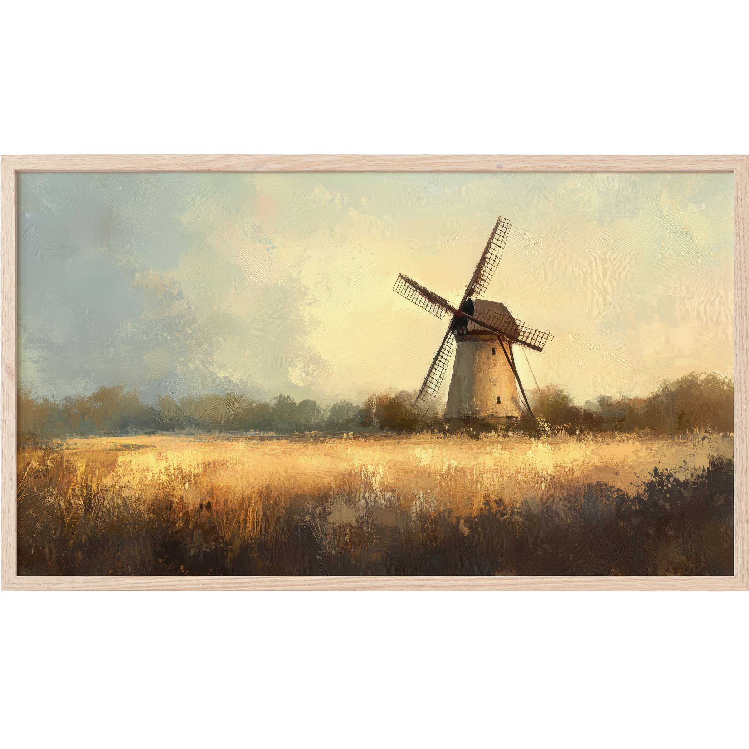Farmhouse Frame TV Art depicting a serene windmill scene in muted golds and blues with a soft, textured finish
