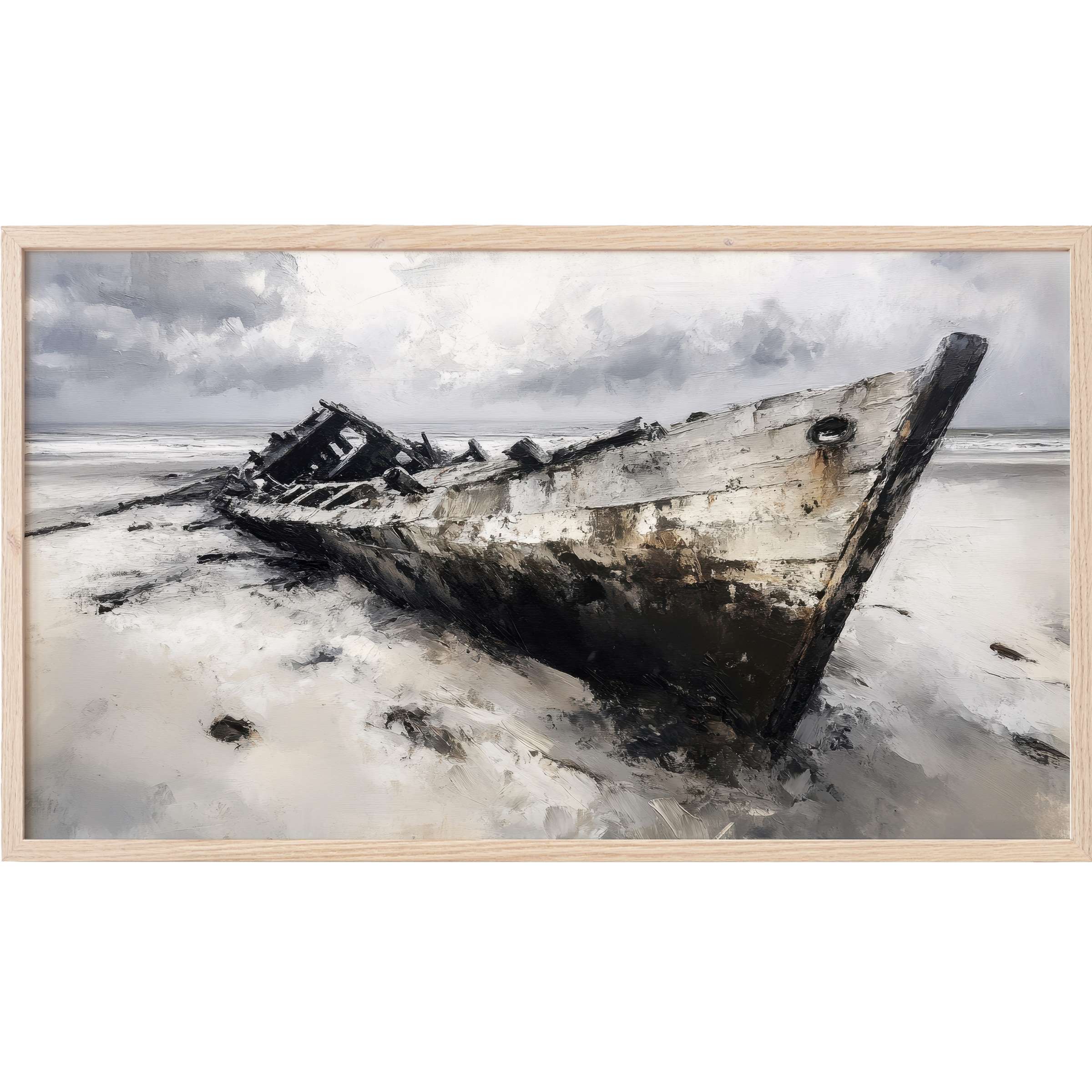 Coastal Frame TV Art featuring a weathered shipwreck in muted grays and earthy tones with a textured, modern style
