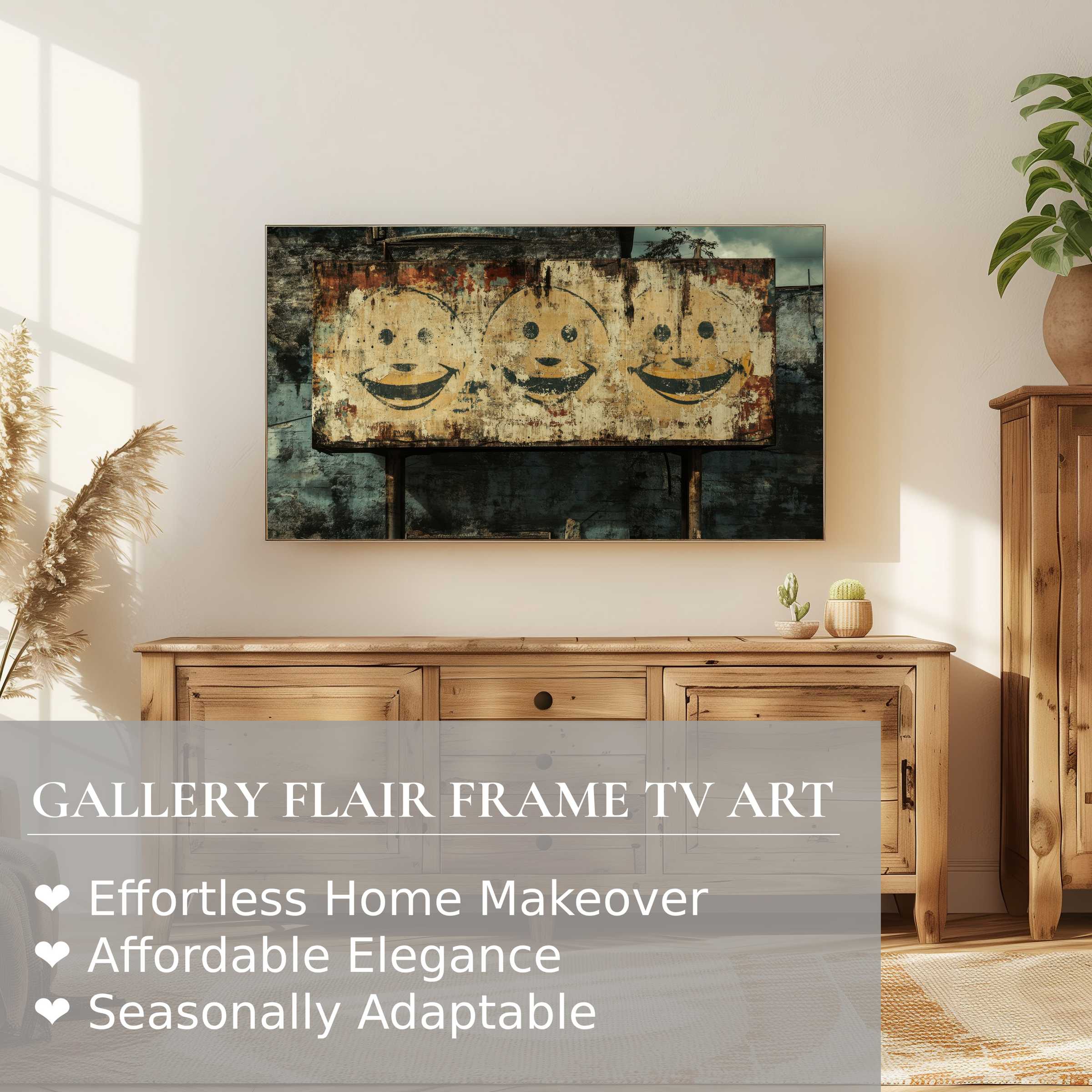 Samsung Frame TV displays gritty street art digital artwork, blending urban edge with refined home decor elegance