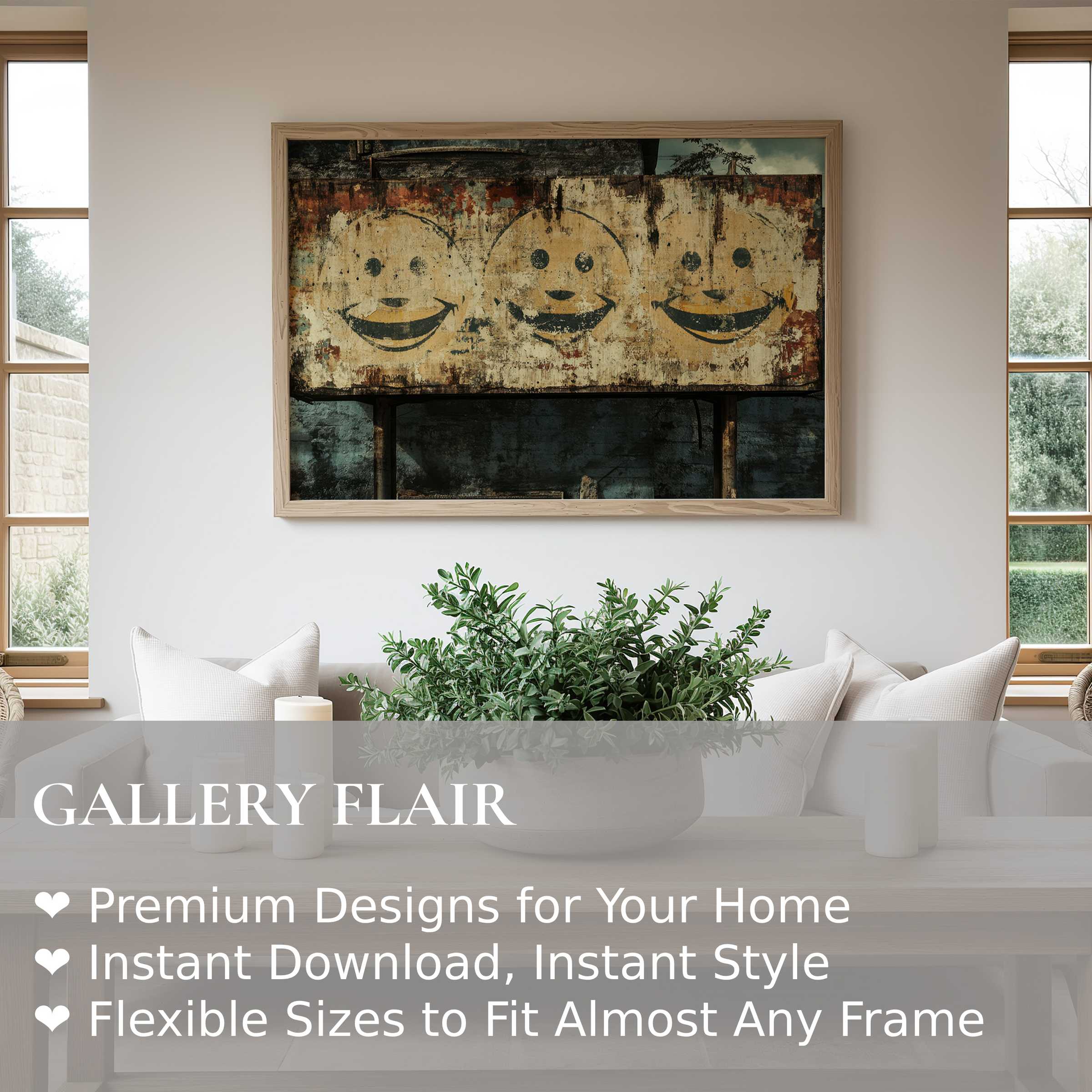 Bold street art wall art print featuring vintage smiley faces on rustic decay, perfect for elevating modern minimalist interiors with urban edge