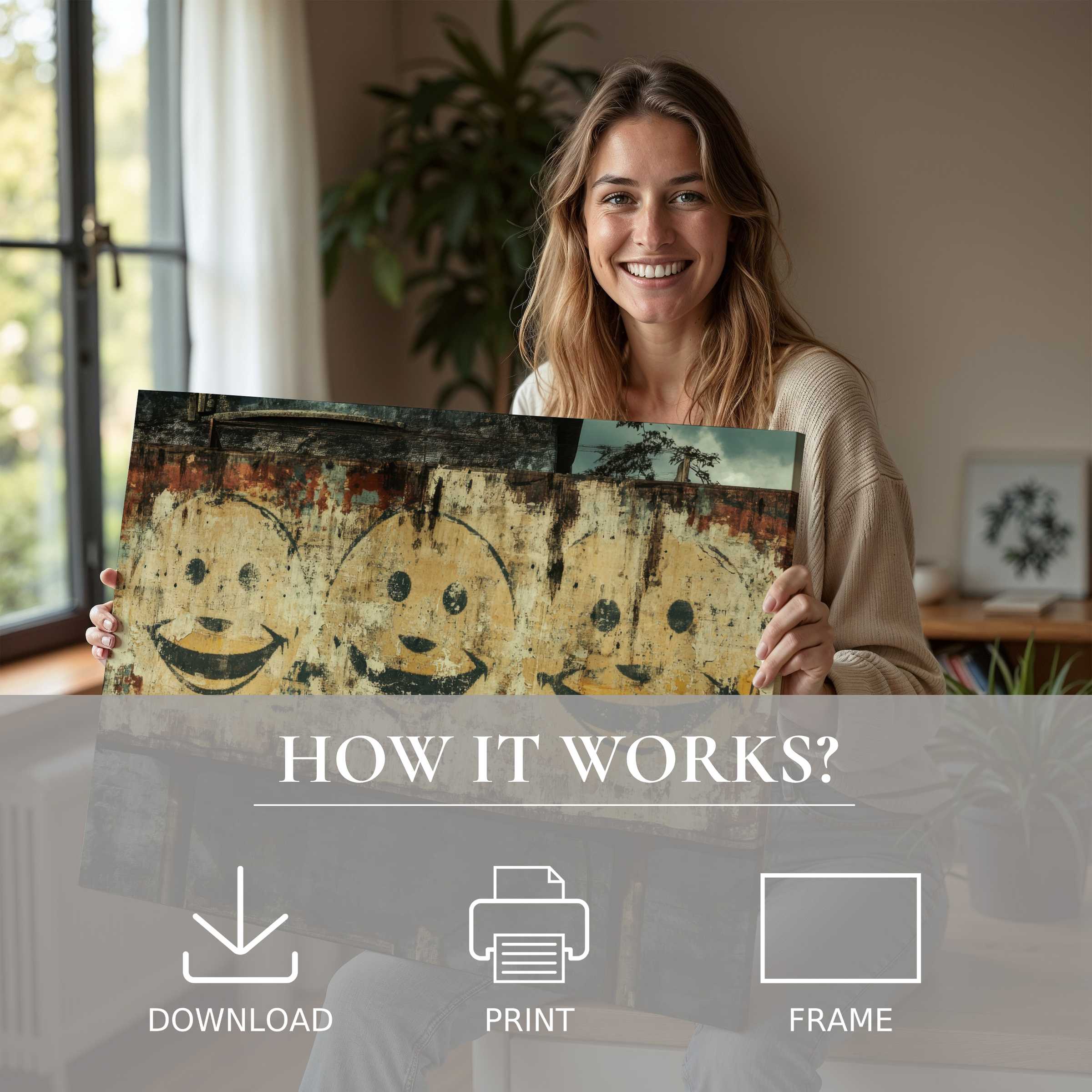 Woman in a modern home radiates joy showcasing a street art digital art print, embodying effortless elegance and connection with art