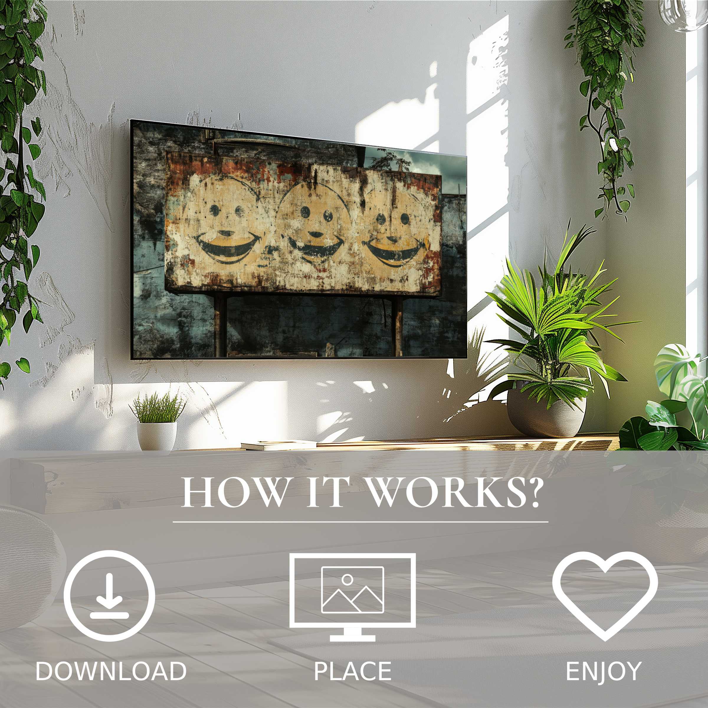Modern living room with greenery, easy digital download street art for Samsung TV showing worn smiley faces motif