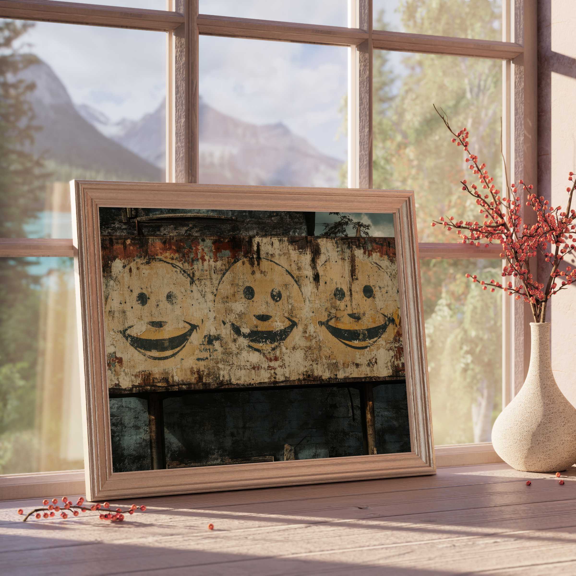 Rustic street art downloadable art featuring vintage smiley faces, elevating curated interiors with nostalgic charm and warm, textured depth