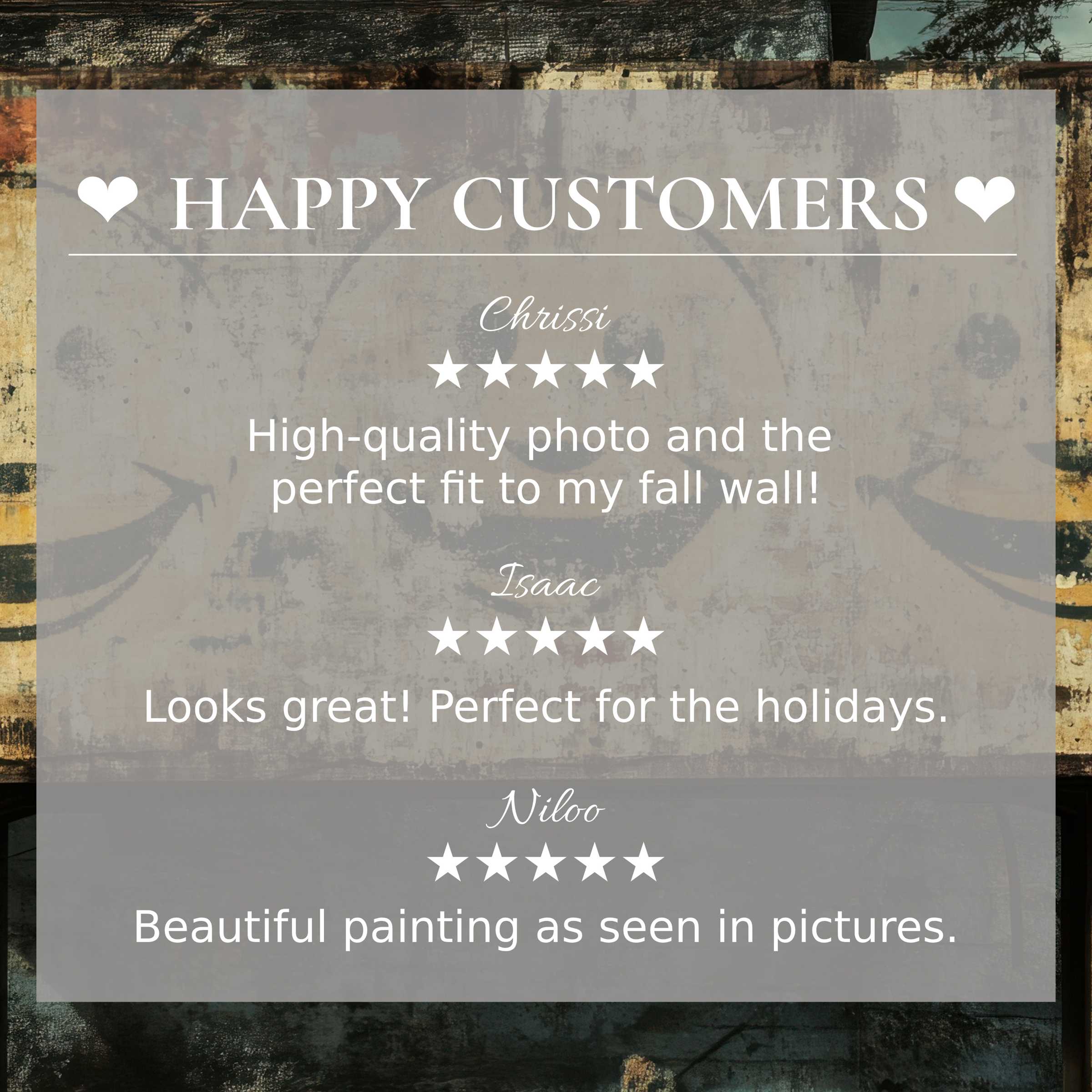 Trustworthy layout features happy customer reviews over abstract sunset hues in street art for Frame TV