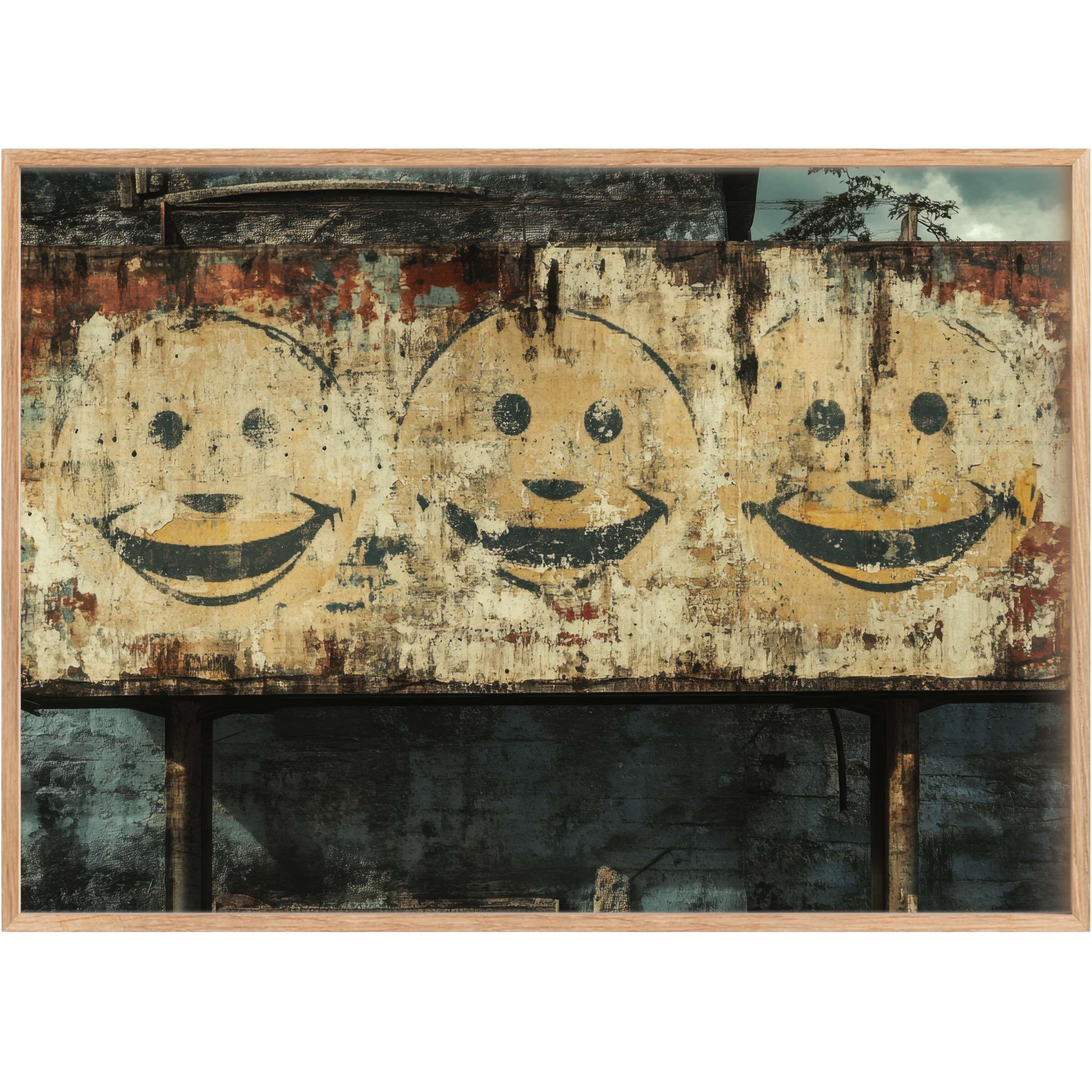 Urban grit meets soulful charm in this street art printable wall art, featuring weathered smiles in muted ochres and deep charcoal, evoking a raw, nostalgic warmth that enlivens refined interiors