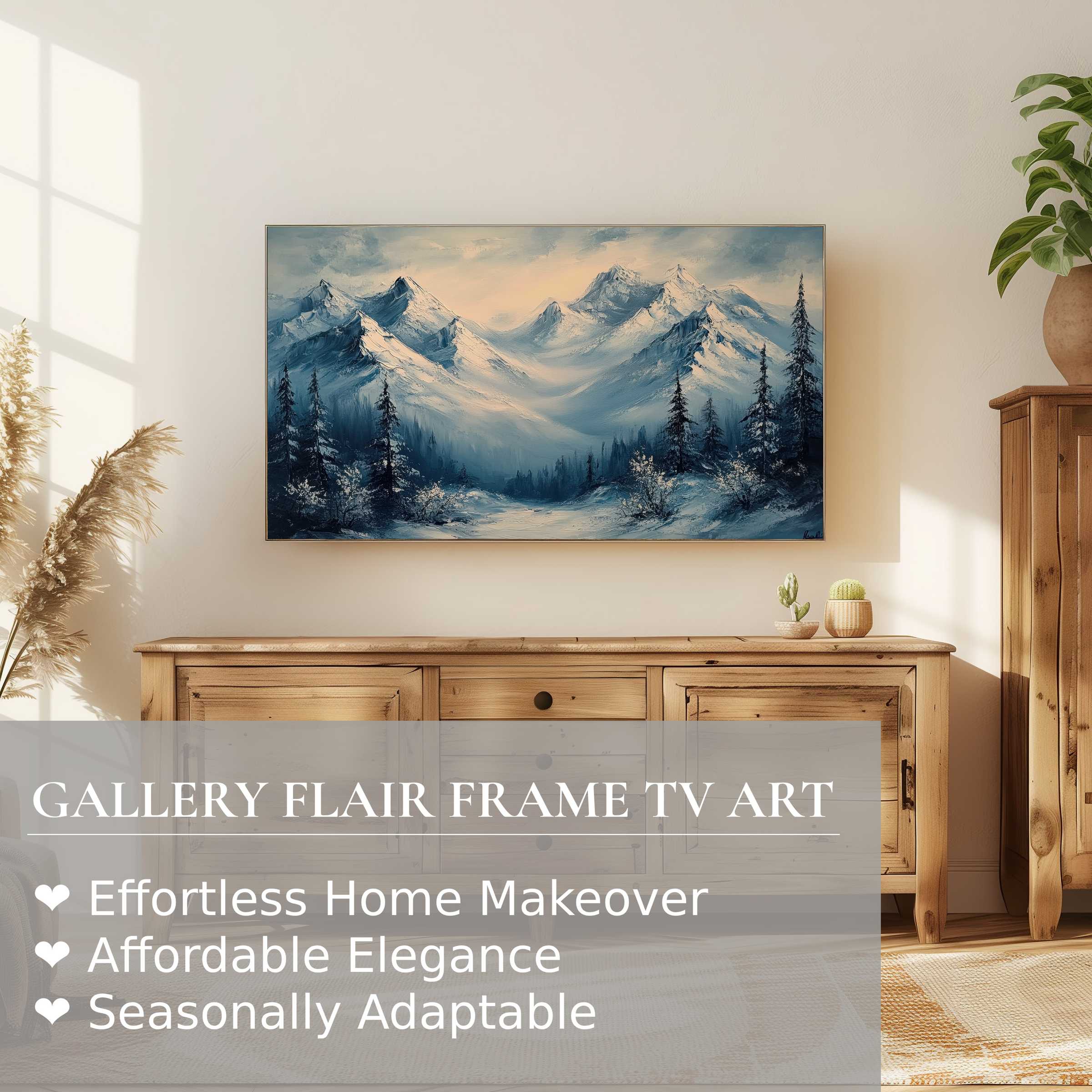 Elegant winter mountain landscape digital artwork on Samsung Frame TV in a warm, modern living room setting