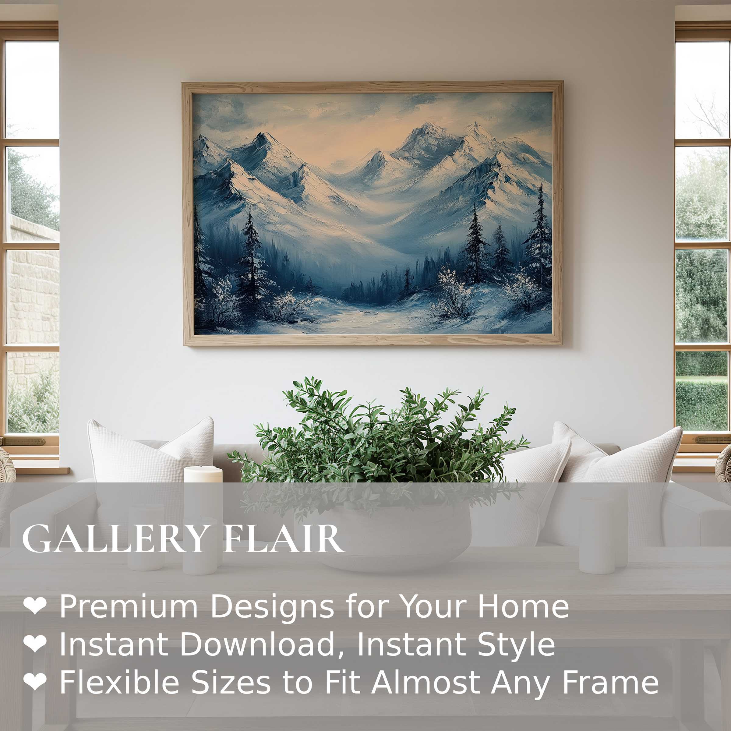Serene landscape wall art print capturing majestic snow-capped mountains in soft, calming blues, enhancing modern minimalist interiors with natural elegance and tranquil ambiance