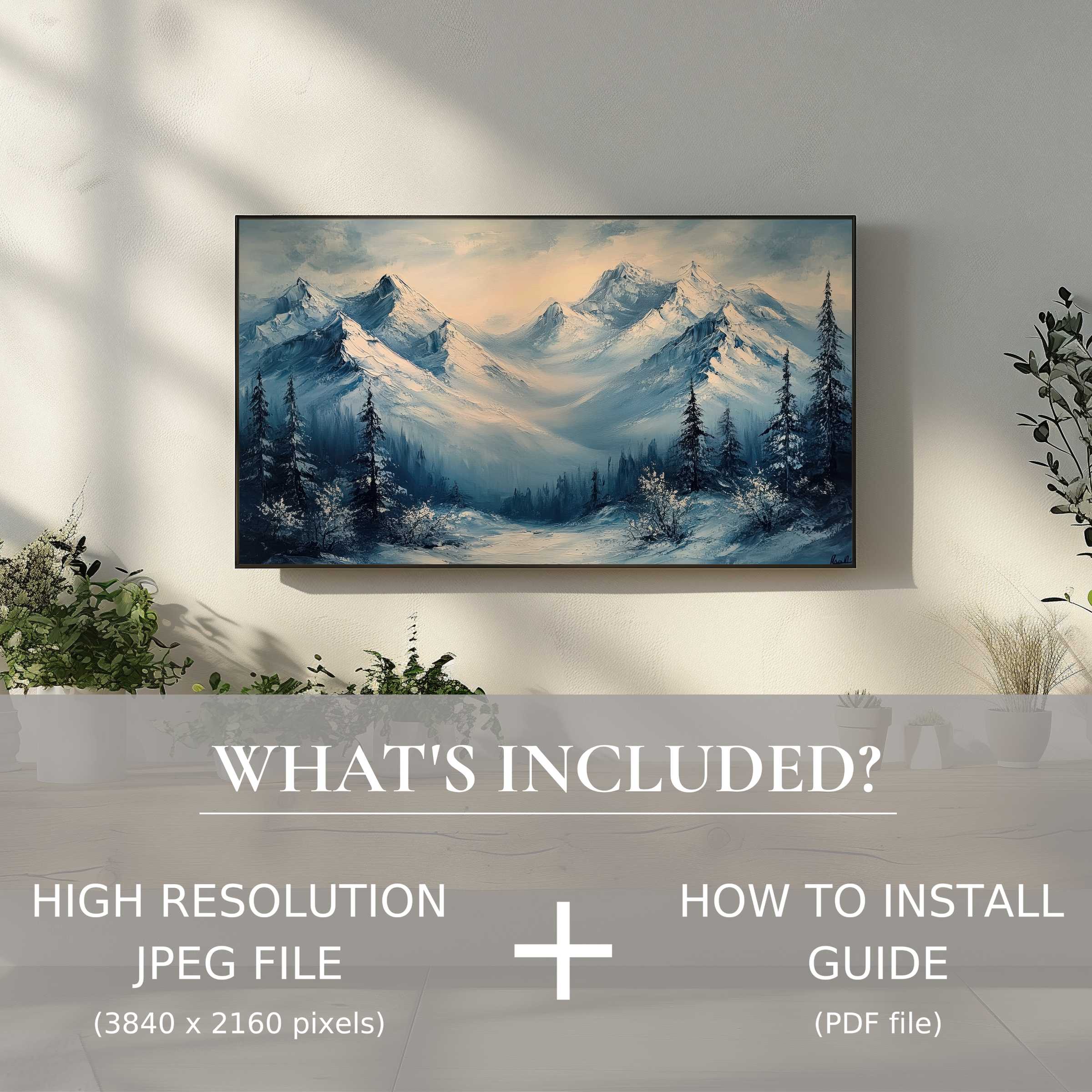 Elegant landscape digital TV art download that transforms your space with easy digital use and serene mountain views
