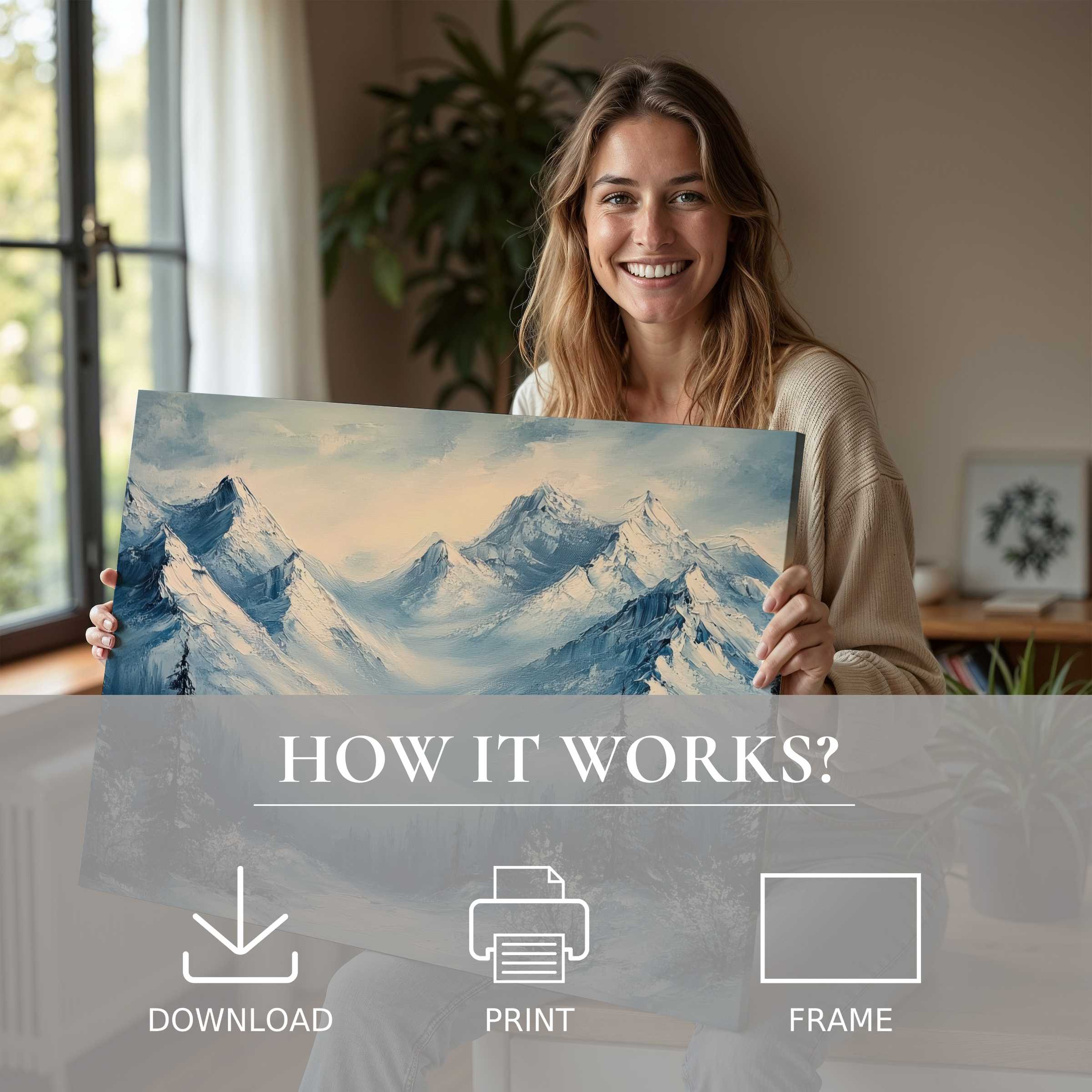 Radiant with joy, a woman shares a serene landscape digital art print, bringing tranquil mountain hues into a stylish modern home