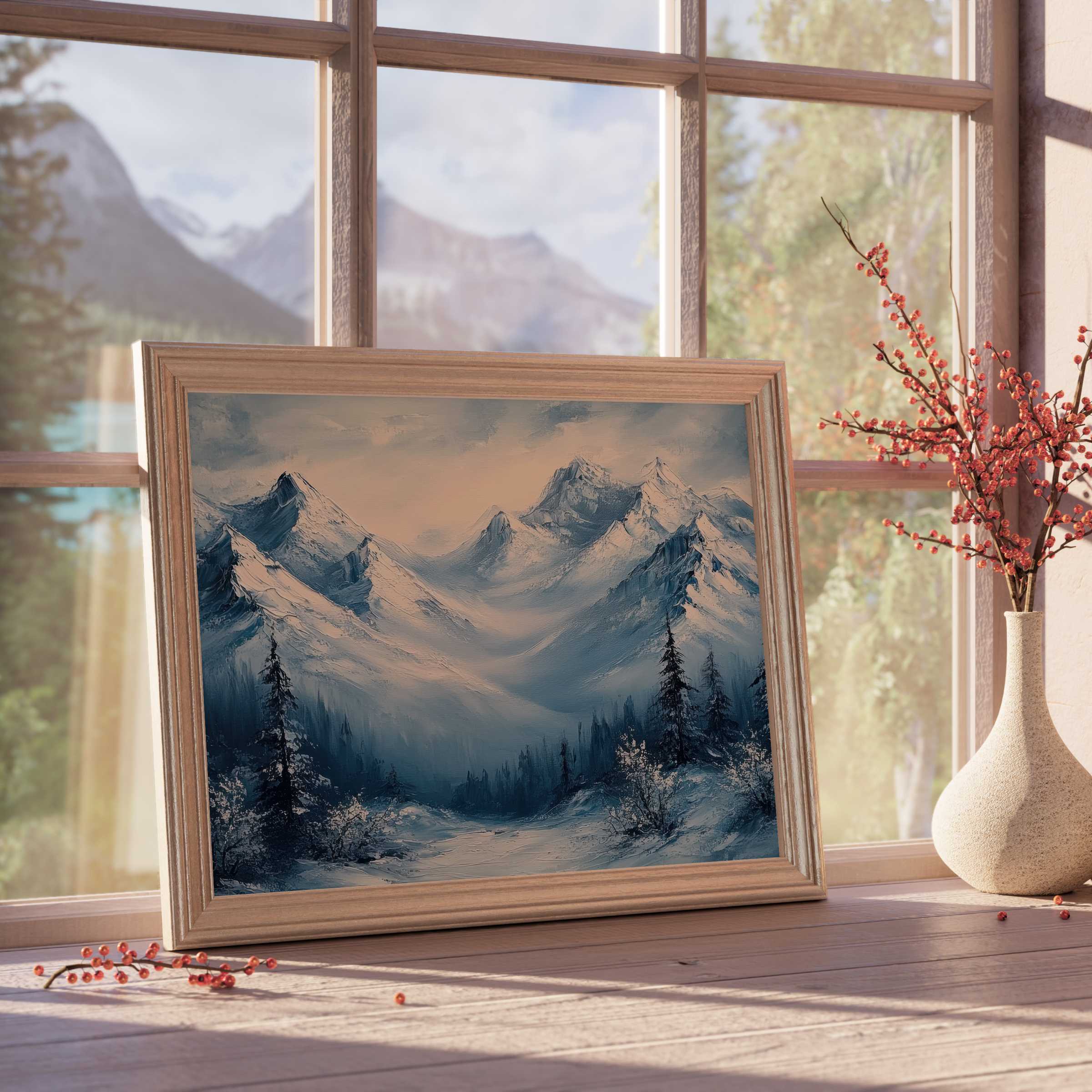 Serene landscape downloadable art capturing tranquil snow-capped peaks and whispering evergreens, perfect for curated, sophisticated interiors