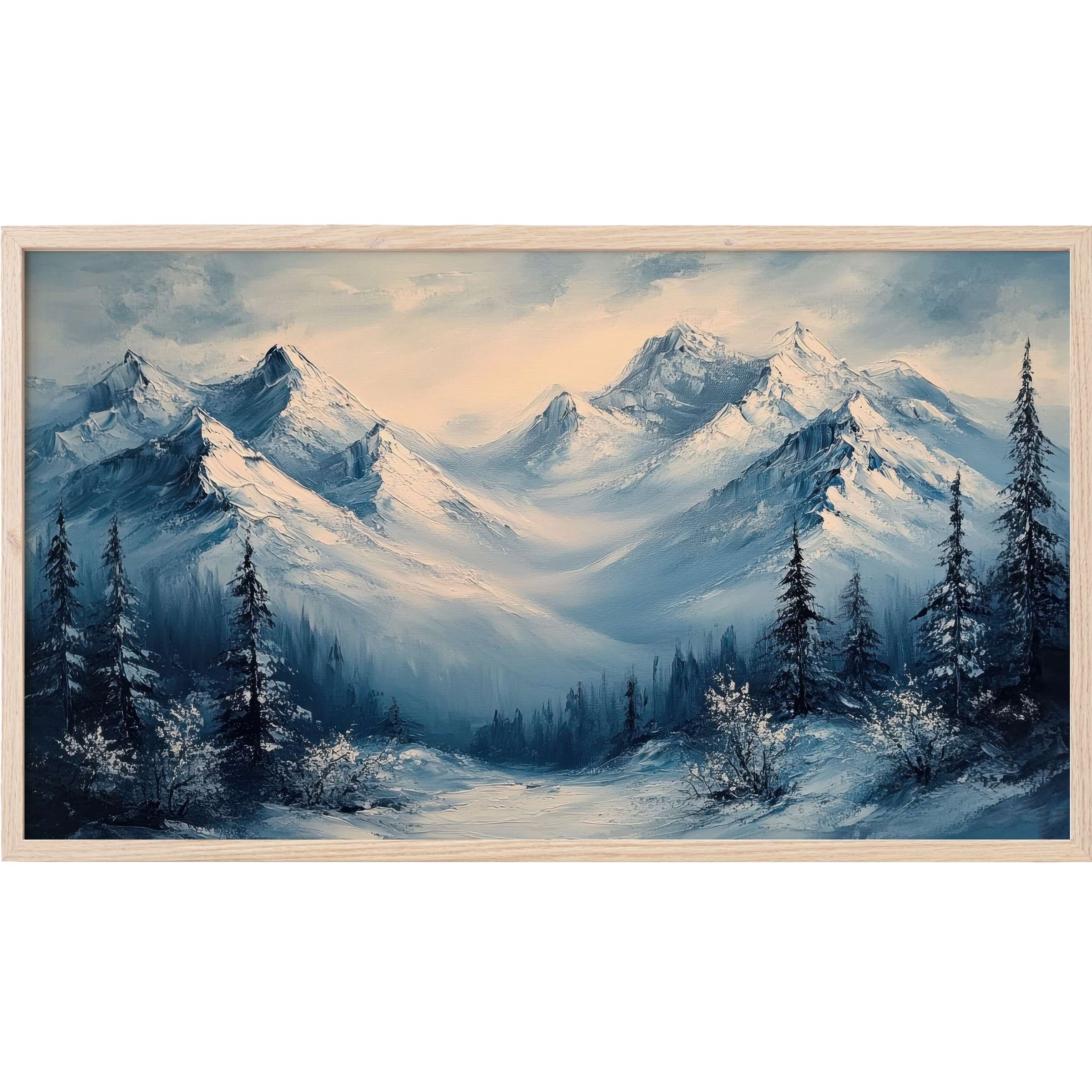 Serene snowy mountain scene in soft blues and whites with dark pine trees, elegant landscape Frame TV Art