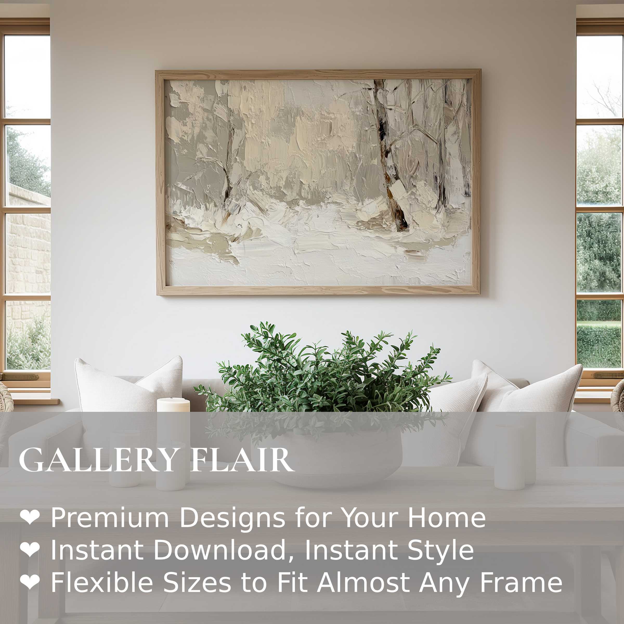 Elegant vintage wall art print featuring a neutral-toned textured winter scene, enhancing serene, modern Scandinavian interiors