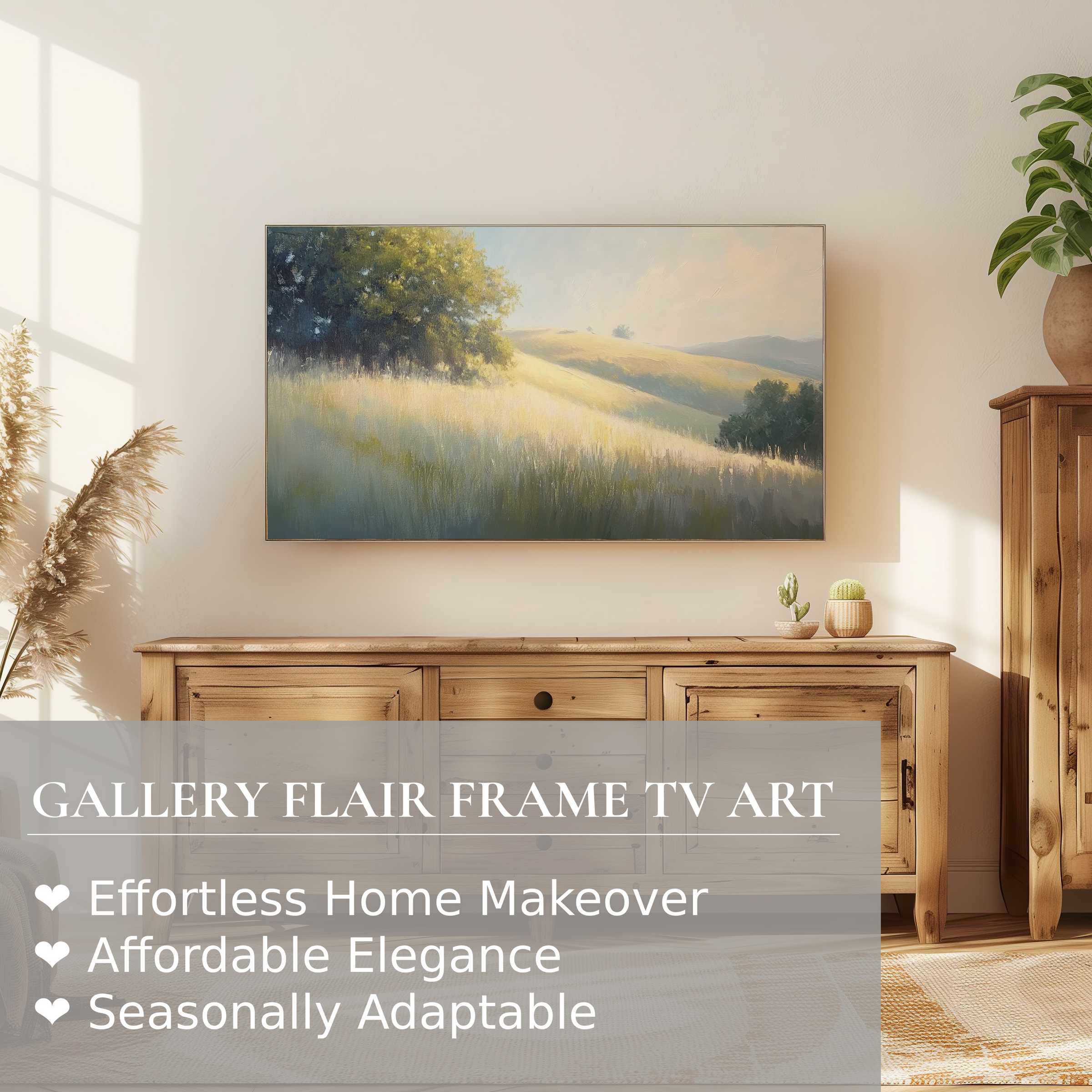 Samsung Frame TV displays serene summer digital artwork of sunlit hills, perfect for elegant, modern home decor