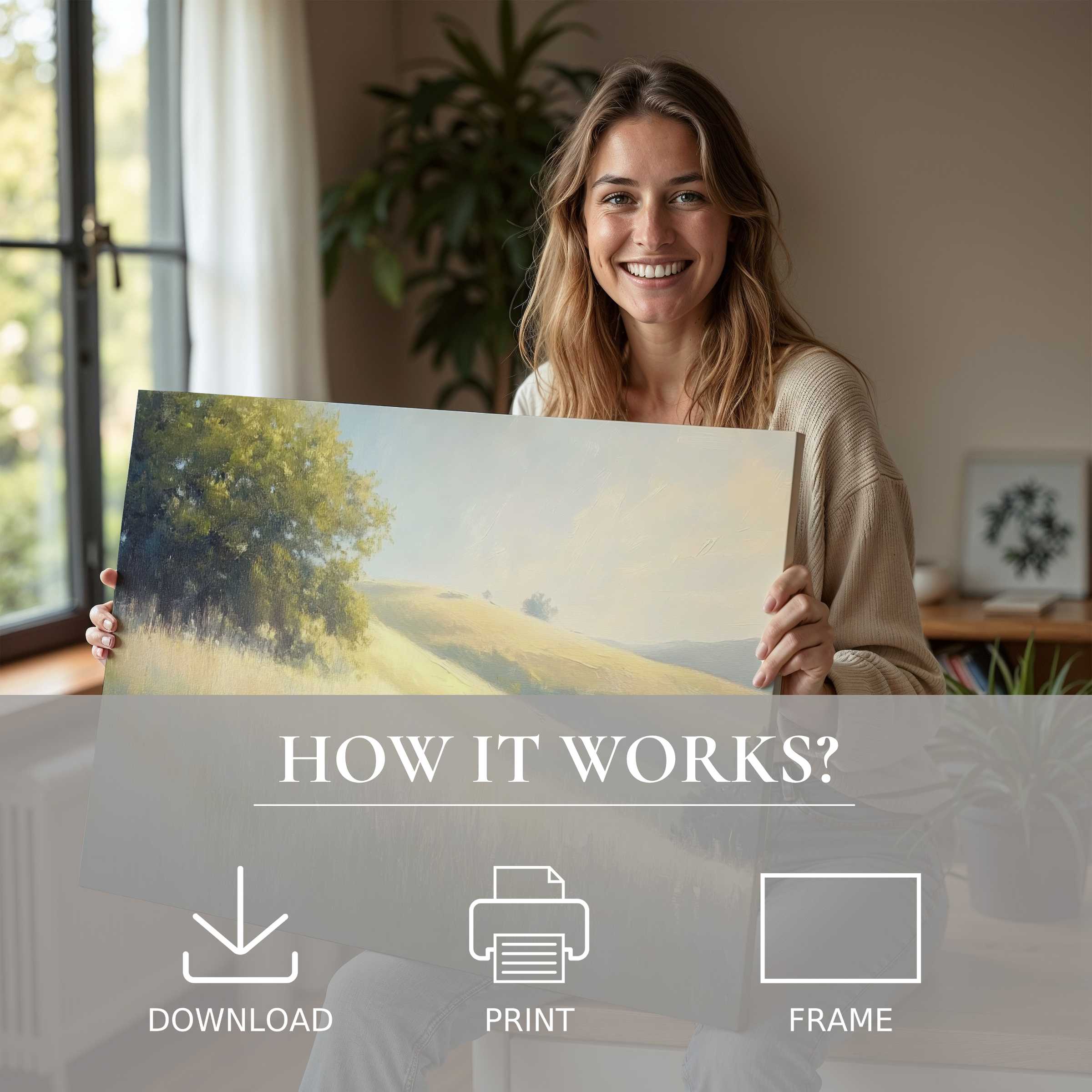 A joyful woman reveals a sunlit summer digital art print, bringing serene warmth and effortless elegance to a modern home