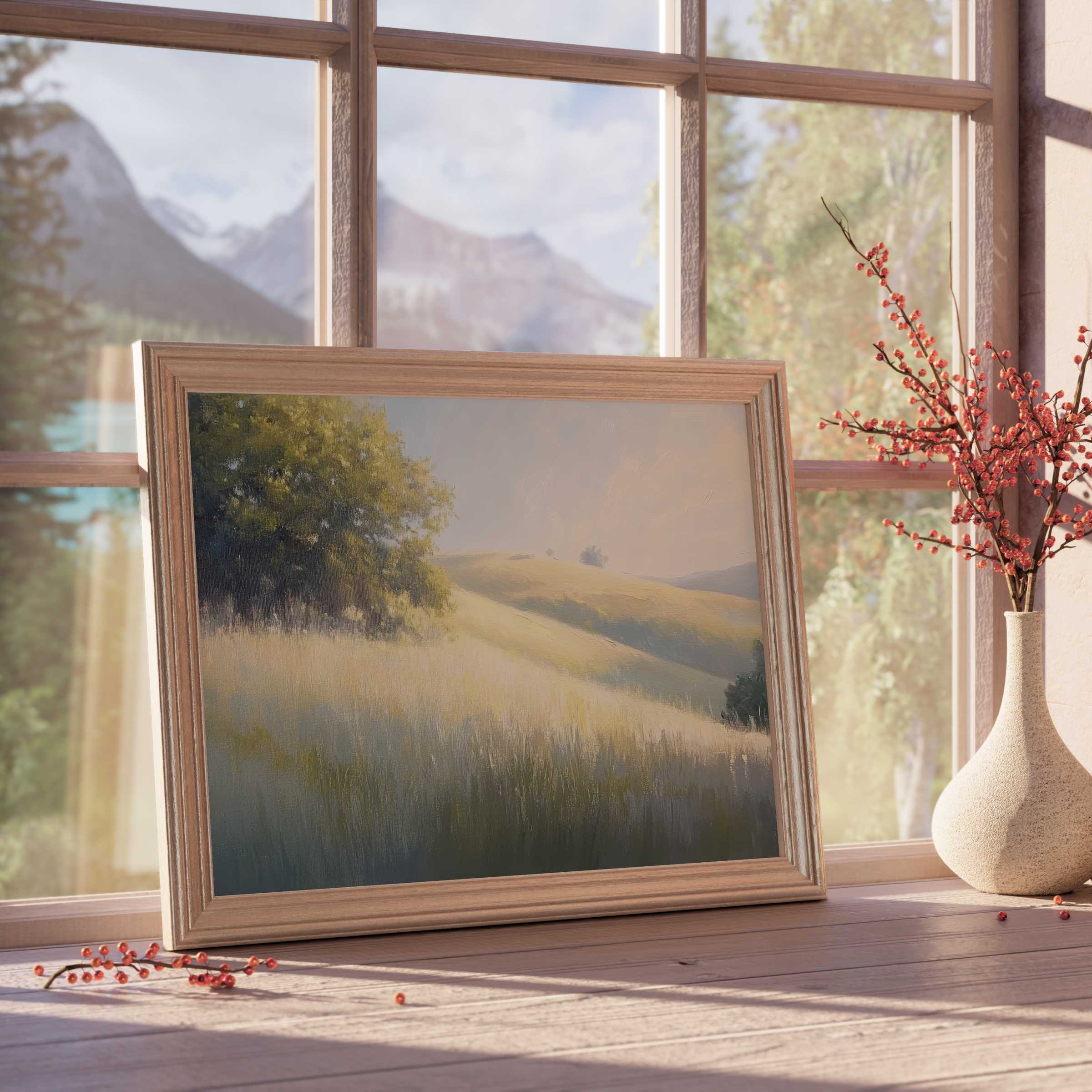 Summer downloadable art capturing sunlit rolling hills and soft greenery, perfect for curated, tranquil, modern interiors