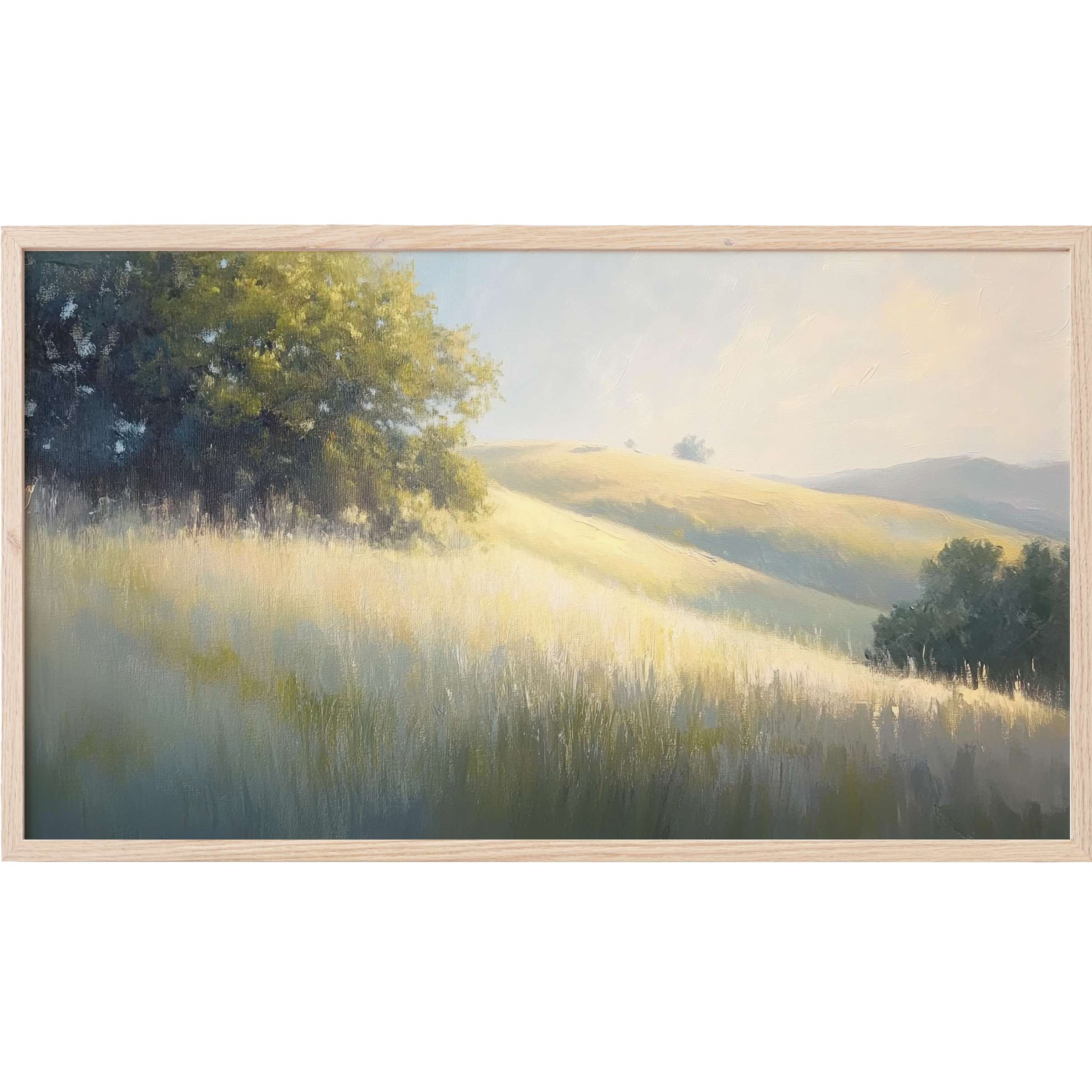 Soft sunlit hills and trees in muted greens and golds, an elegant summer Frame TV Art for serene spaces