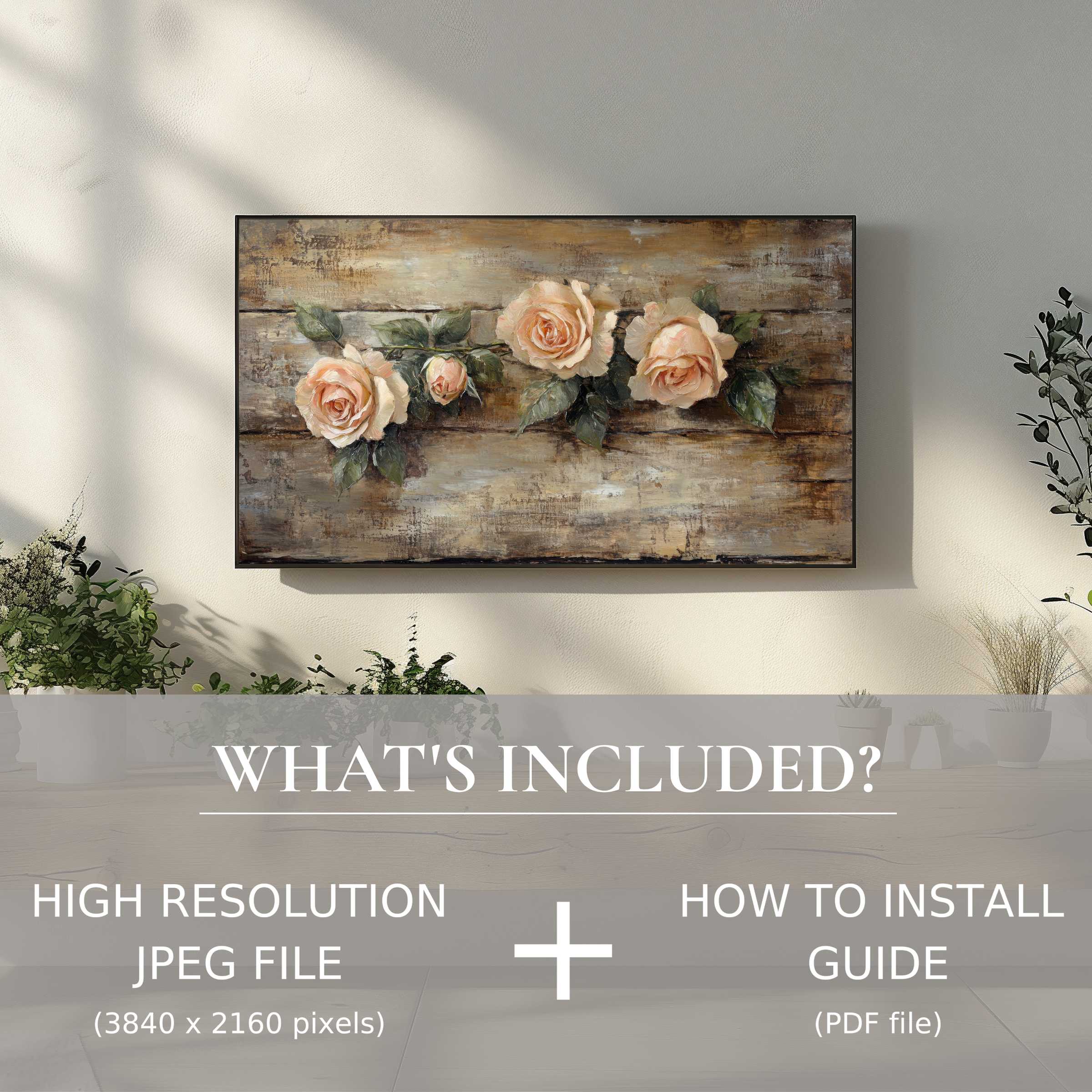 Elegant floral digital TV art download enhances modern living spaces with effortless digital use and timeless rose design
