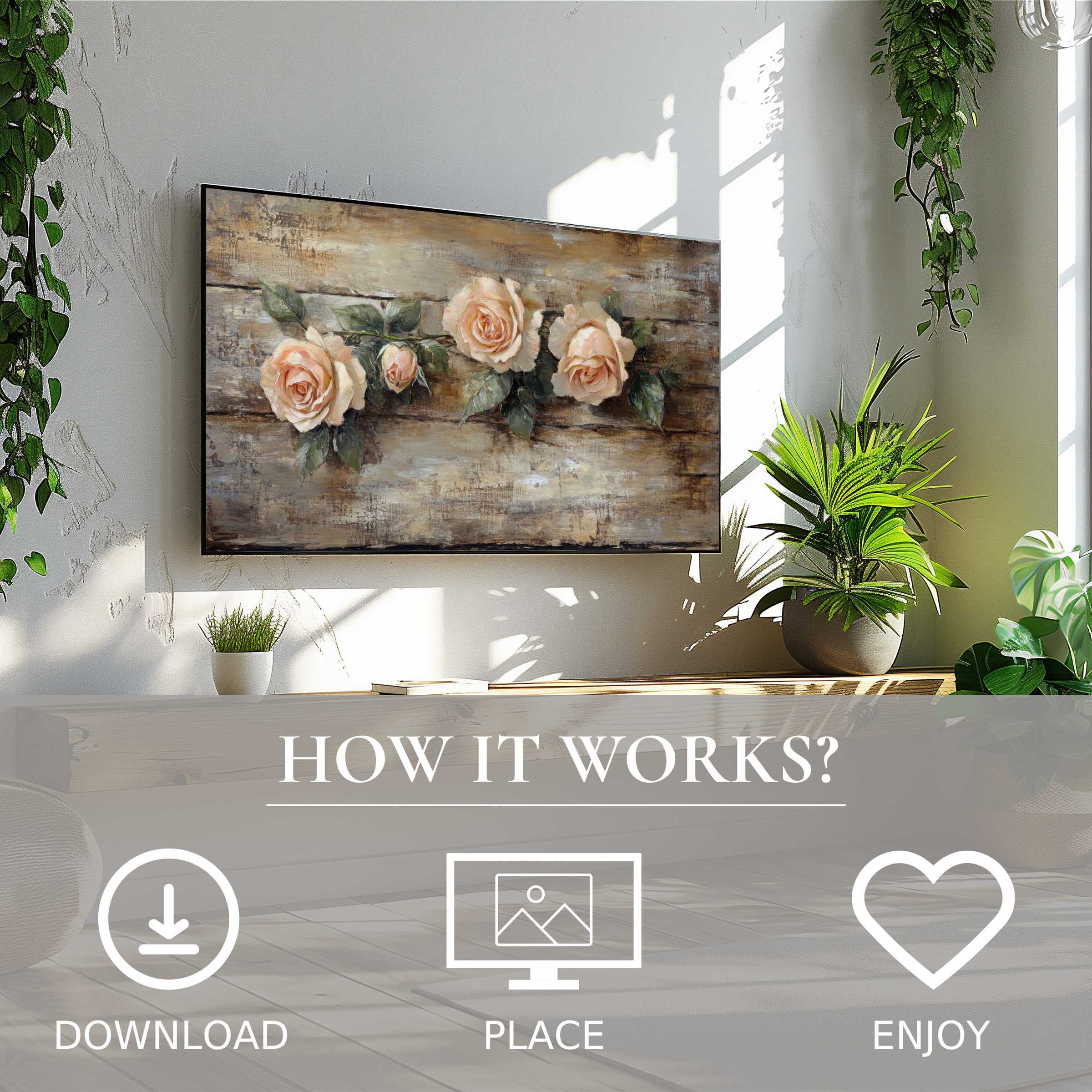 Floral art for Samsung TV shows soft vintage roses, easy digital download to enrich your modern living space