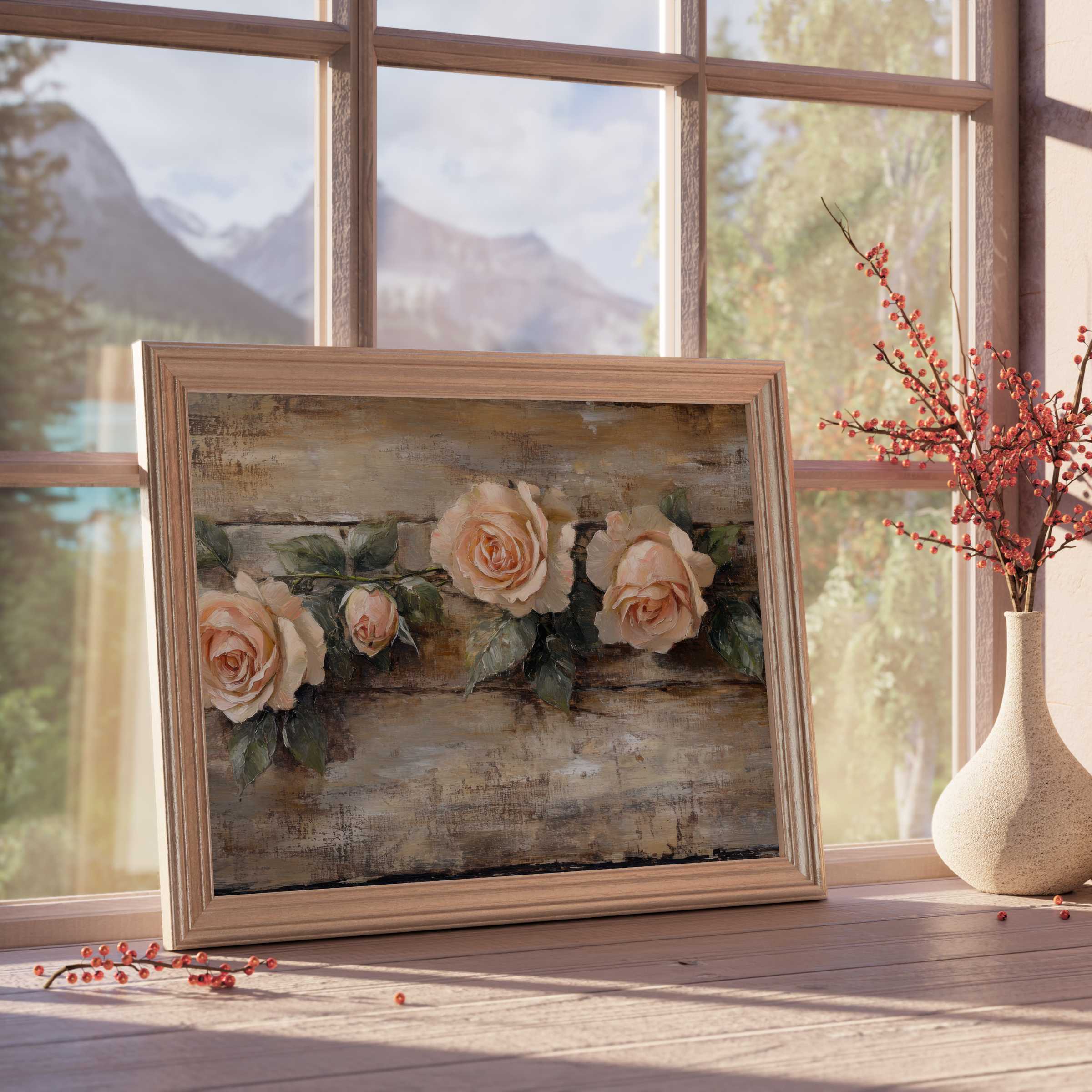 Elegant floral downloadable art featuring soft peach roses on rustic texture, enriching curated interiors with serene, timeless charm