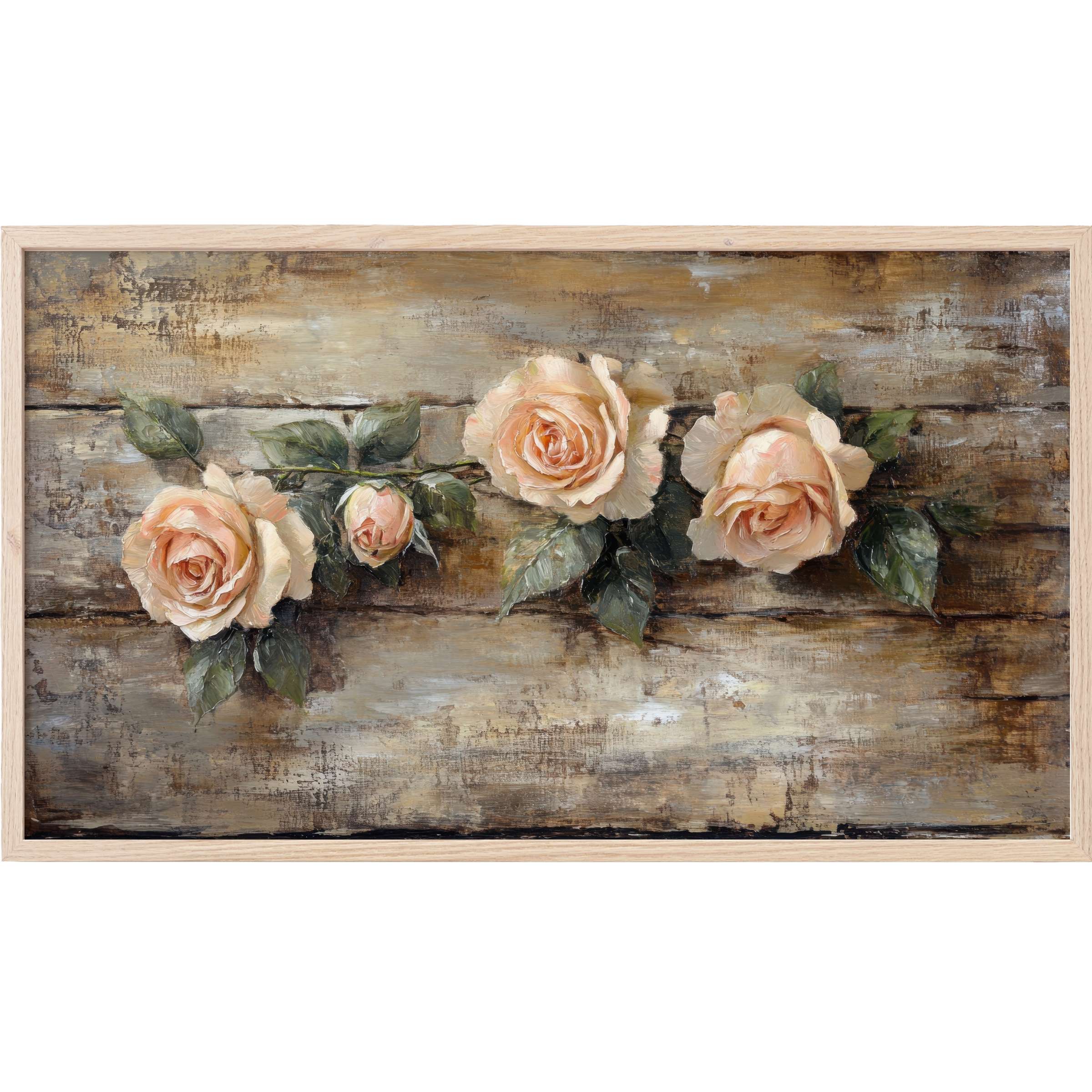 Floral Frame TV Art featuring soft peach roses with green leaves on a textured rustic wood background