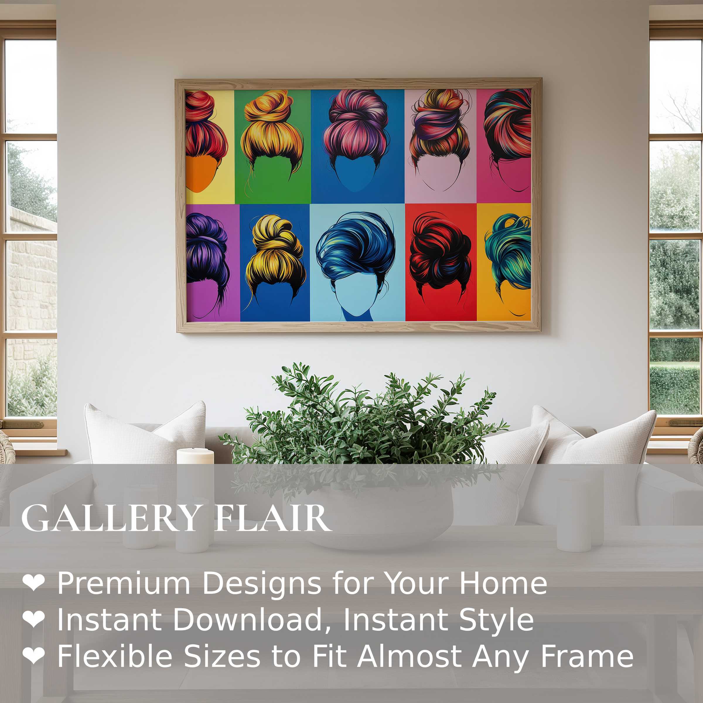 Vibrant pop art wall art print featuring colorful hair silhouettes, brightening modern minimalist interiors with bold, playful energy
