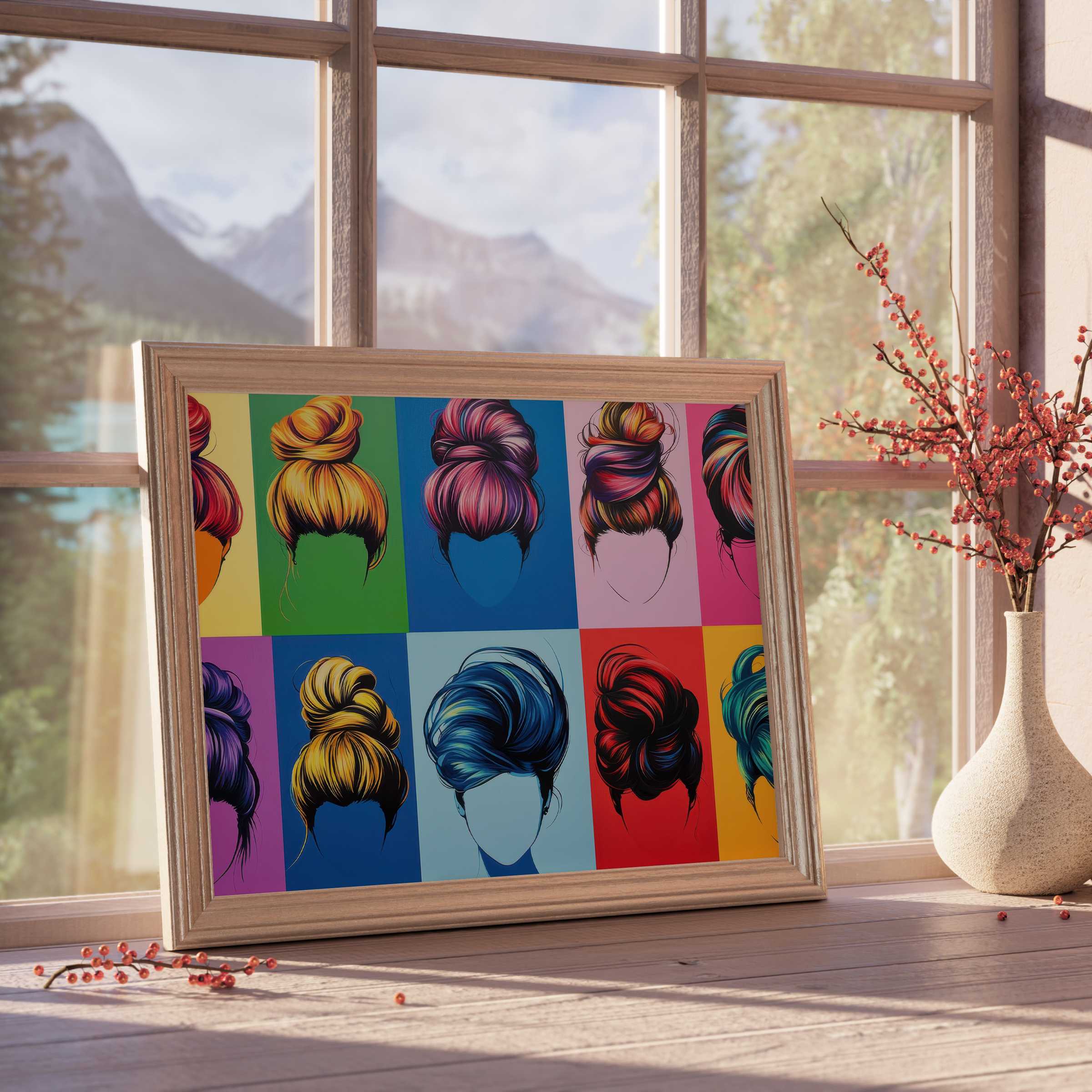 Vibrant pop art downloadable art featuring bold, colorful hair illustrations, perfect for elevating curated, modern interiors