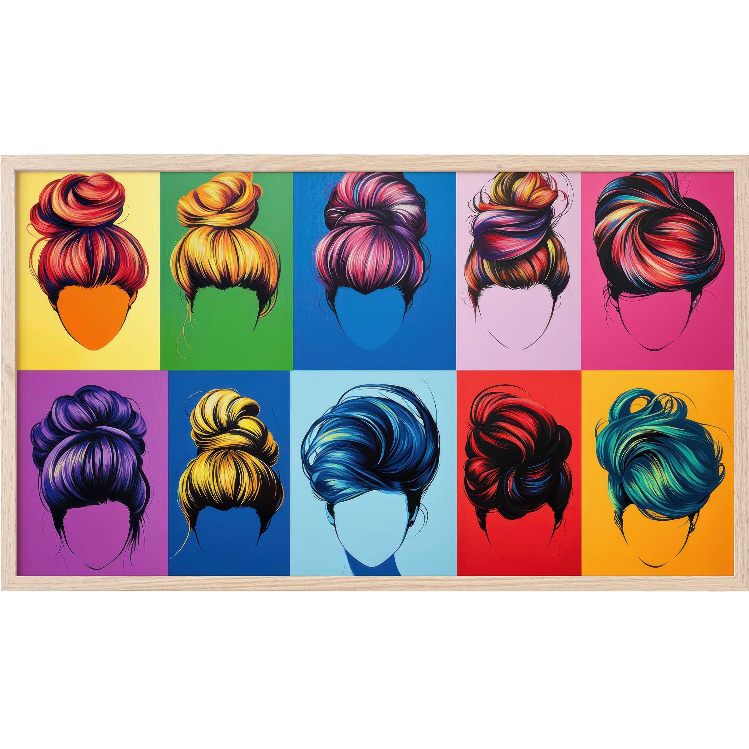 Vibrant pop art Frame TV Art featuring ten stylized hairdos in radiant hues against bold, contrasting color blocks