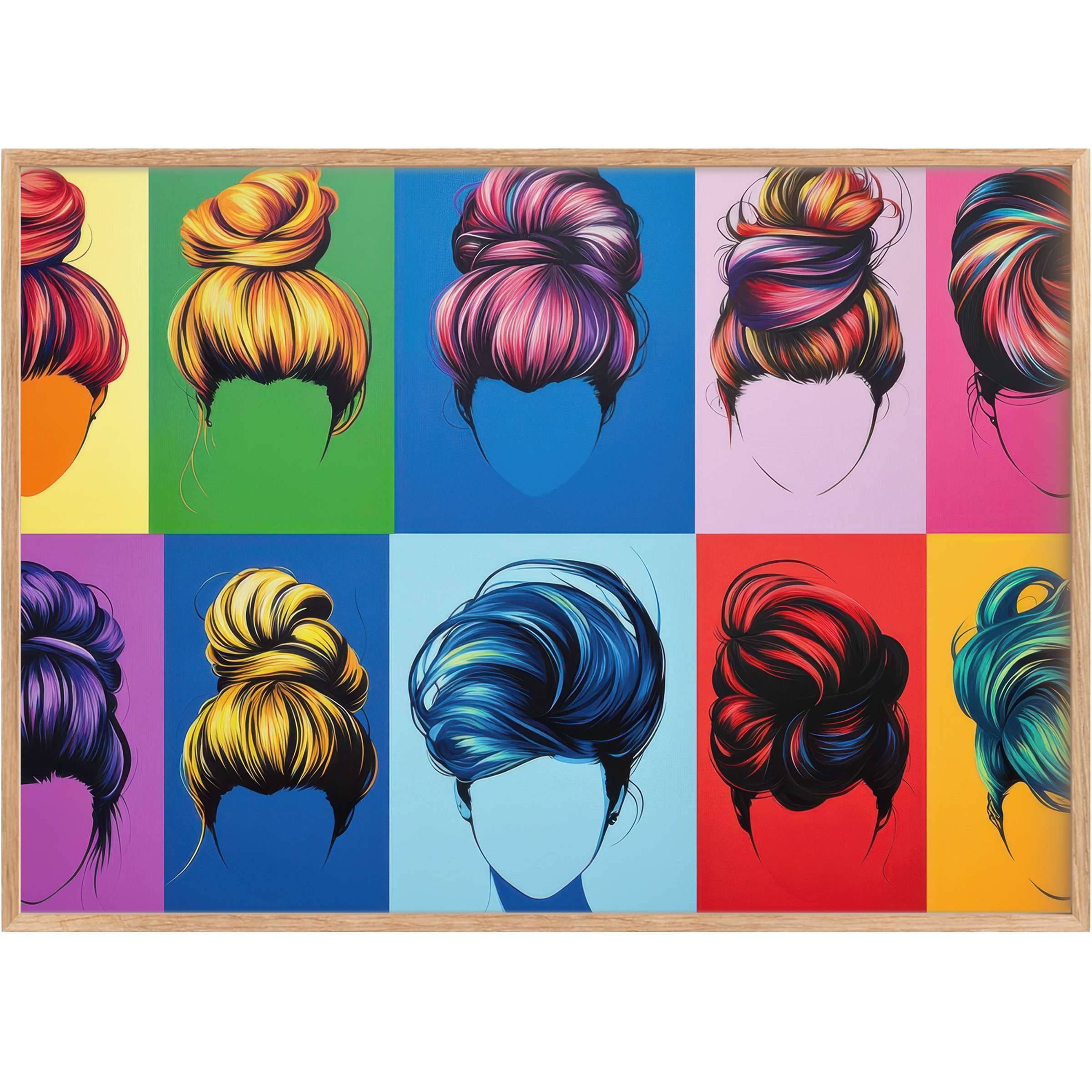 Vibrant pop art printable wall art, featuring bold hair designs in radiant blues, reds, purples, and yellows, energizing any chic space