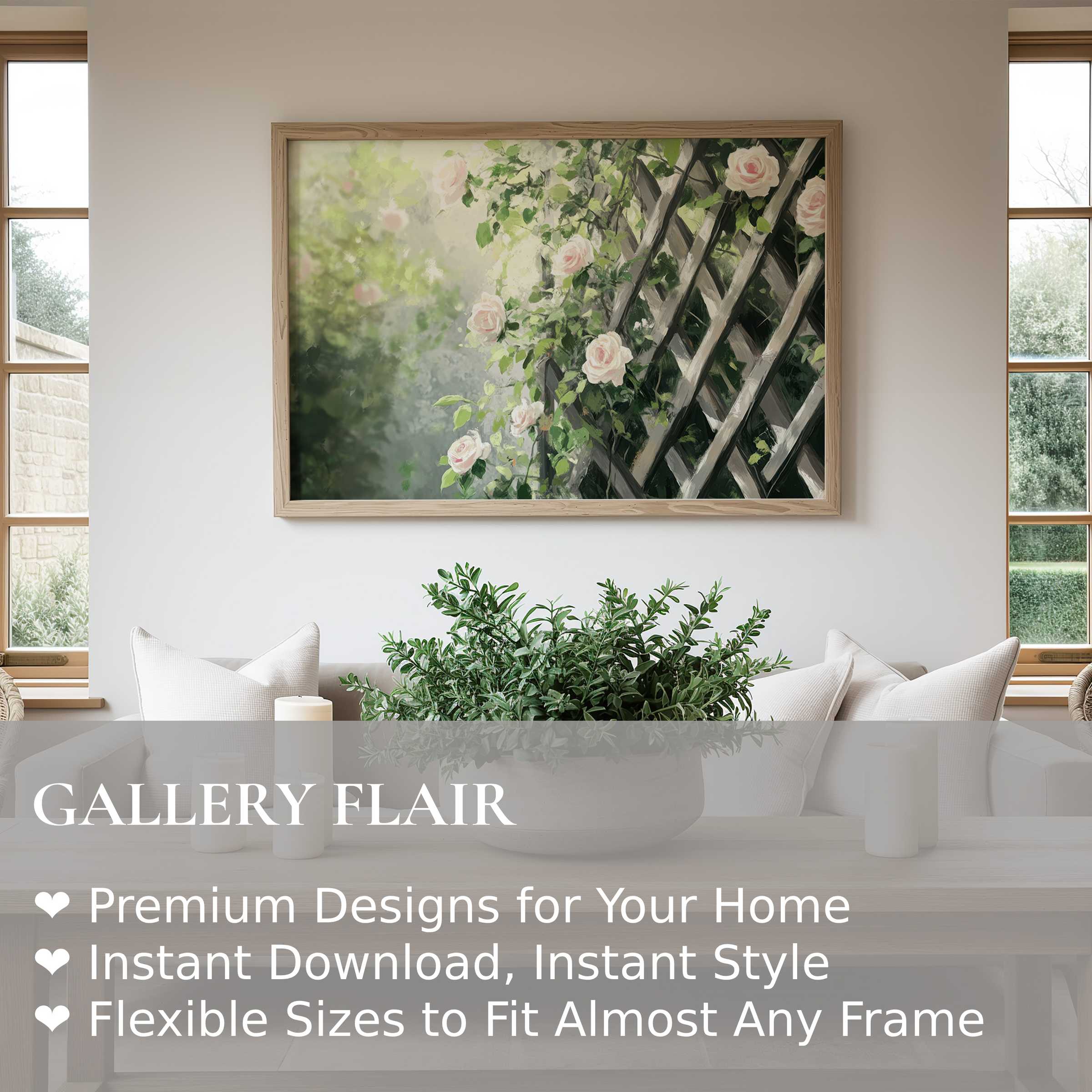 Elegant spring wall art print featuring soft pink roses climbing a rustic trellis, radiating calming charm in a modern farmhouse setting
