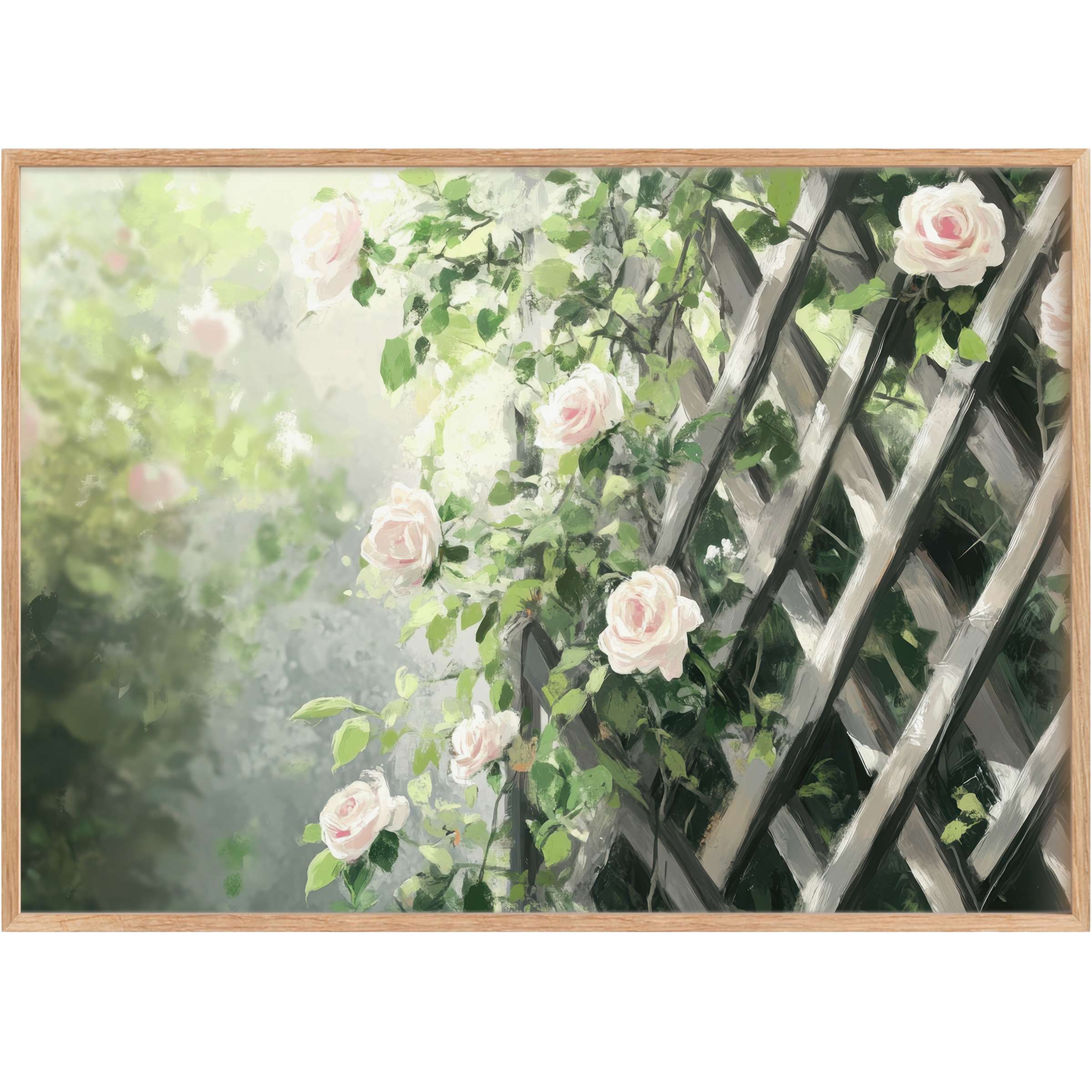 Delicate blush roses entwine a weathered trellis, evoking a serene, radiant garden ambiance-perfect spring printable wall art