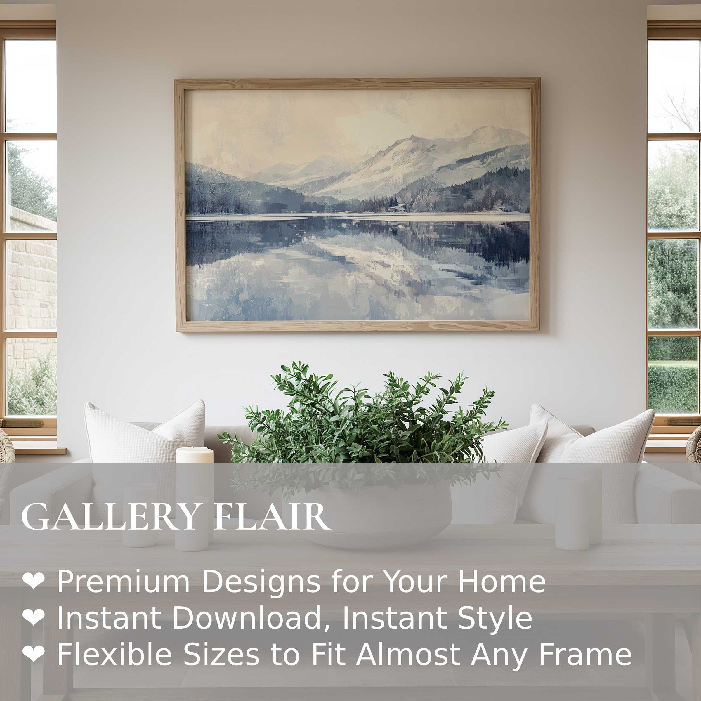 Serene winter wall art print capturing misty mountains reflected on a tranquil lake, enhancing minimalist modern interiors with calming elegance