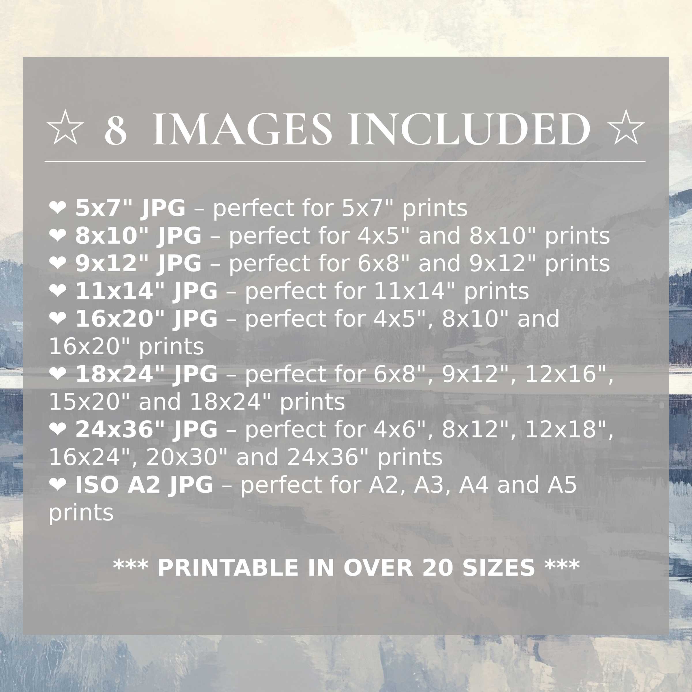 Winter digital print radiates serene blues and soft grays, offering 8 high-quality sizes with download to elevate modern interiors with timeless style and versatility
