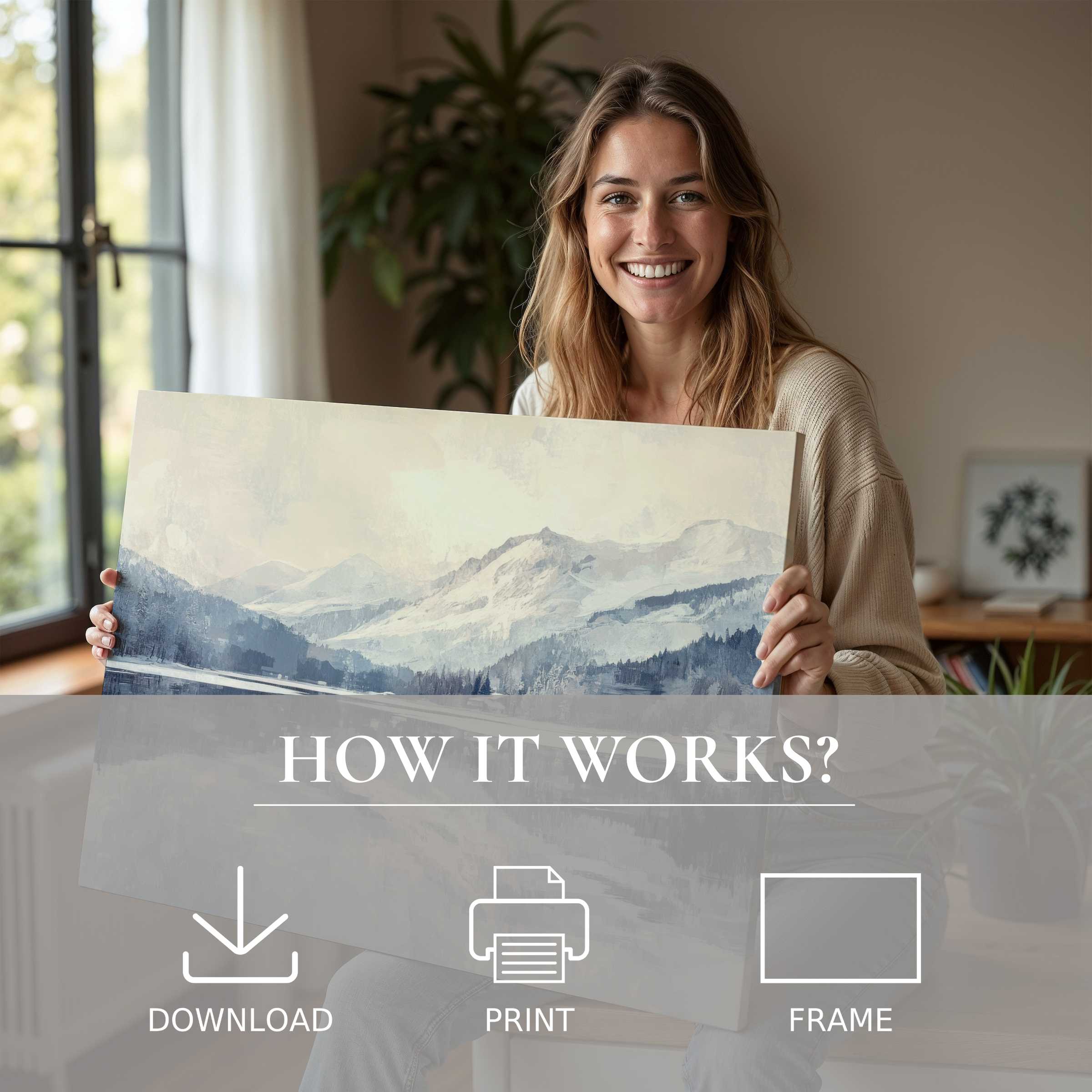 A woman radiates joy in her stylish living room, embracing the serene beauty of a winter digital art print