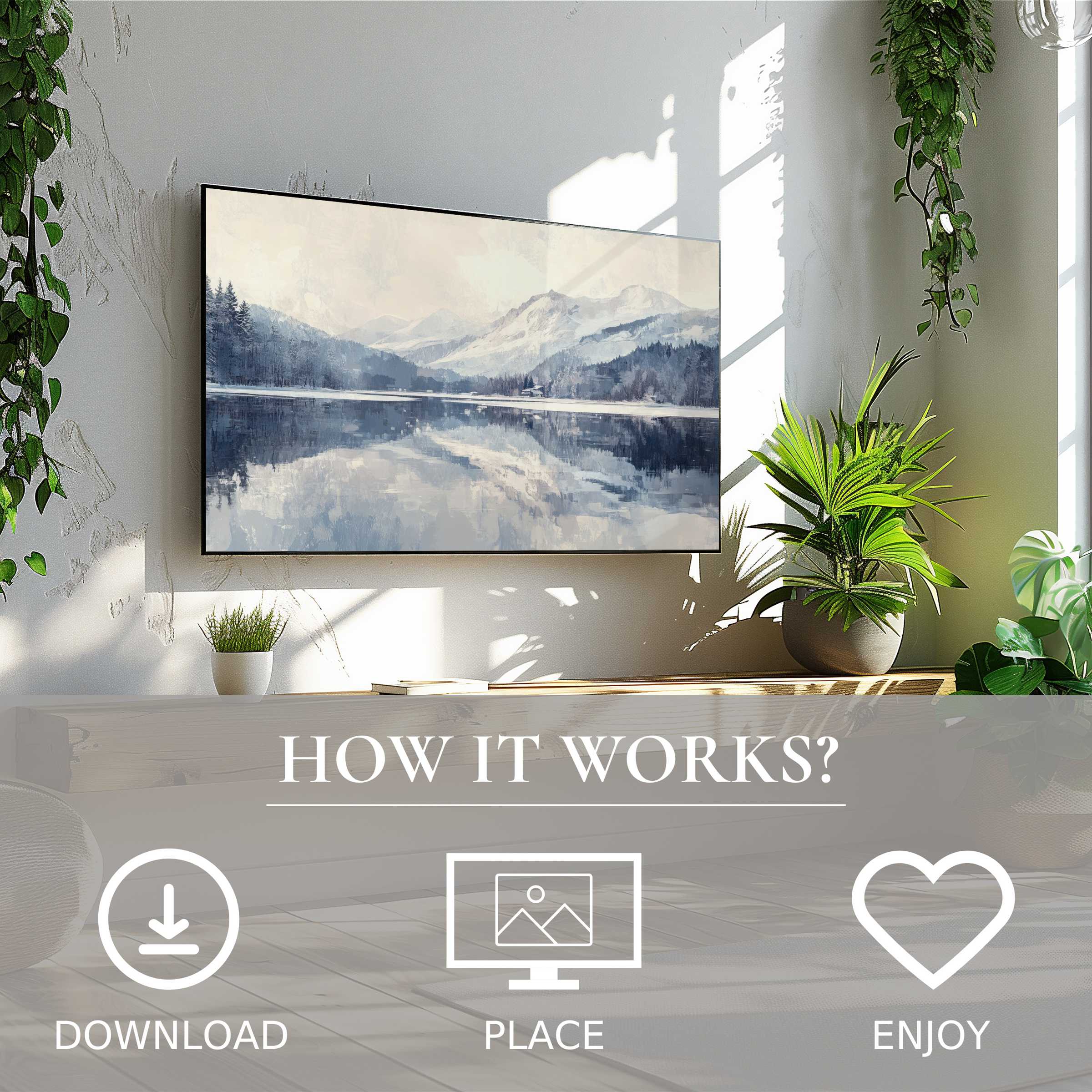 Winter art for Samsung TV shows serene mountain lake in soft blue tones, easy digital download enriches modern living spaces