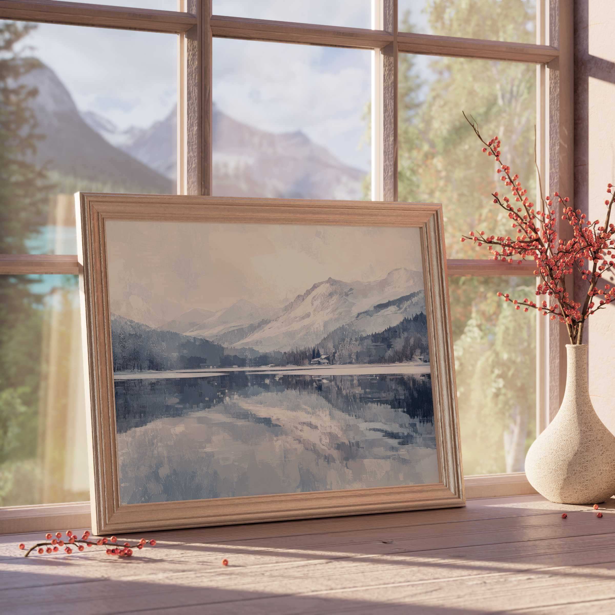 Winter downloadable art capturing serene snow-capped mountains and calm reflective lakes, perfect for curated luxury interiors