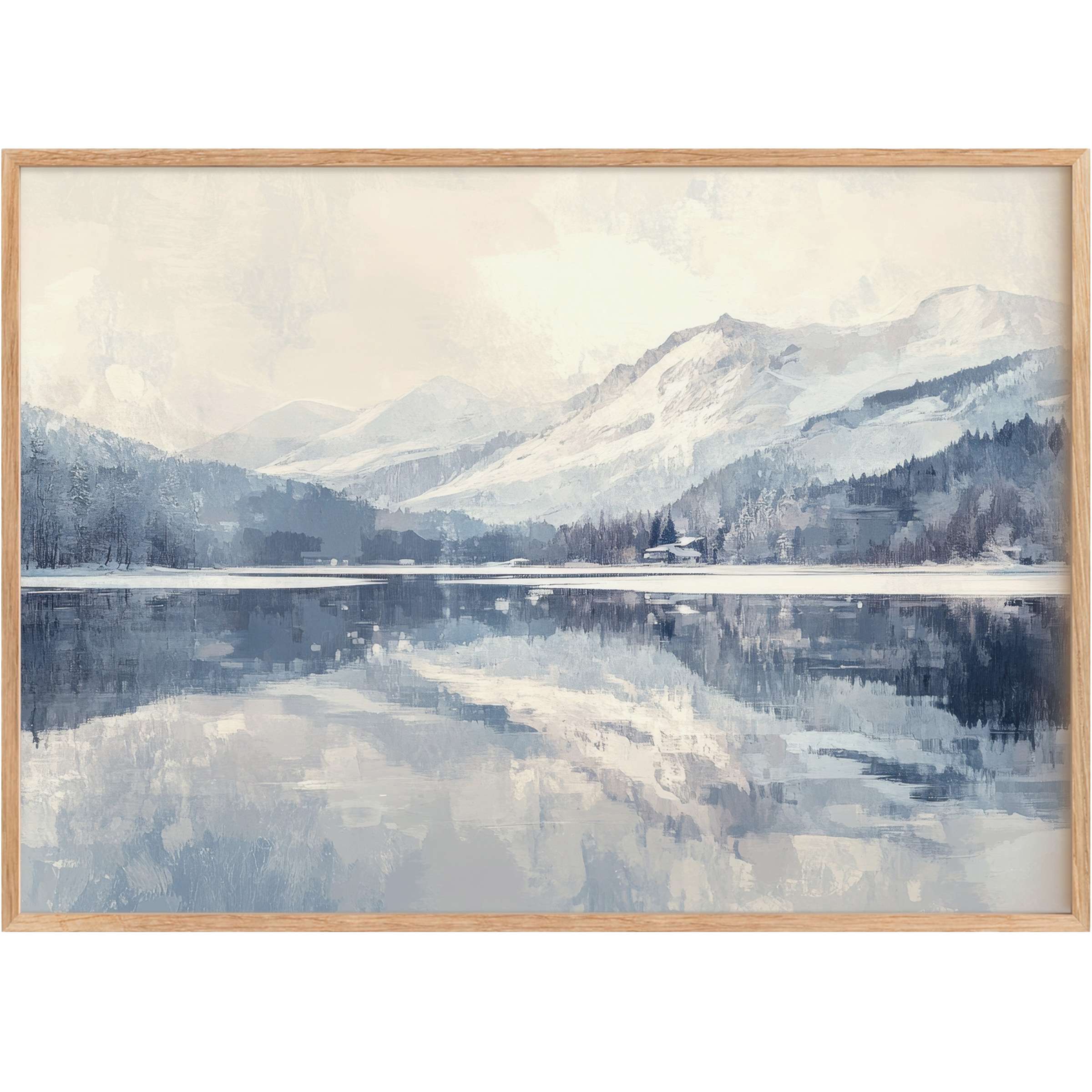 Serene winter printable wall art capturing snowy mountains and reflective icy lake in soft blues and muted greys, evoking calm and elegance