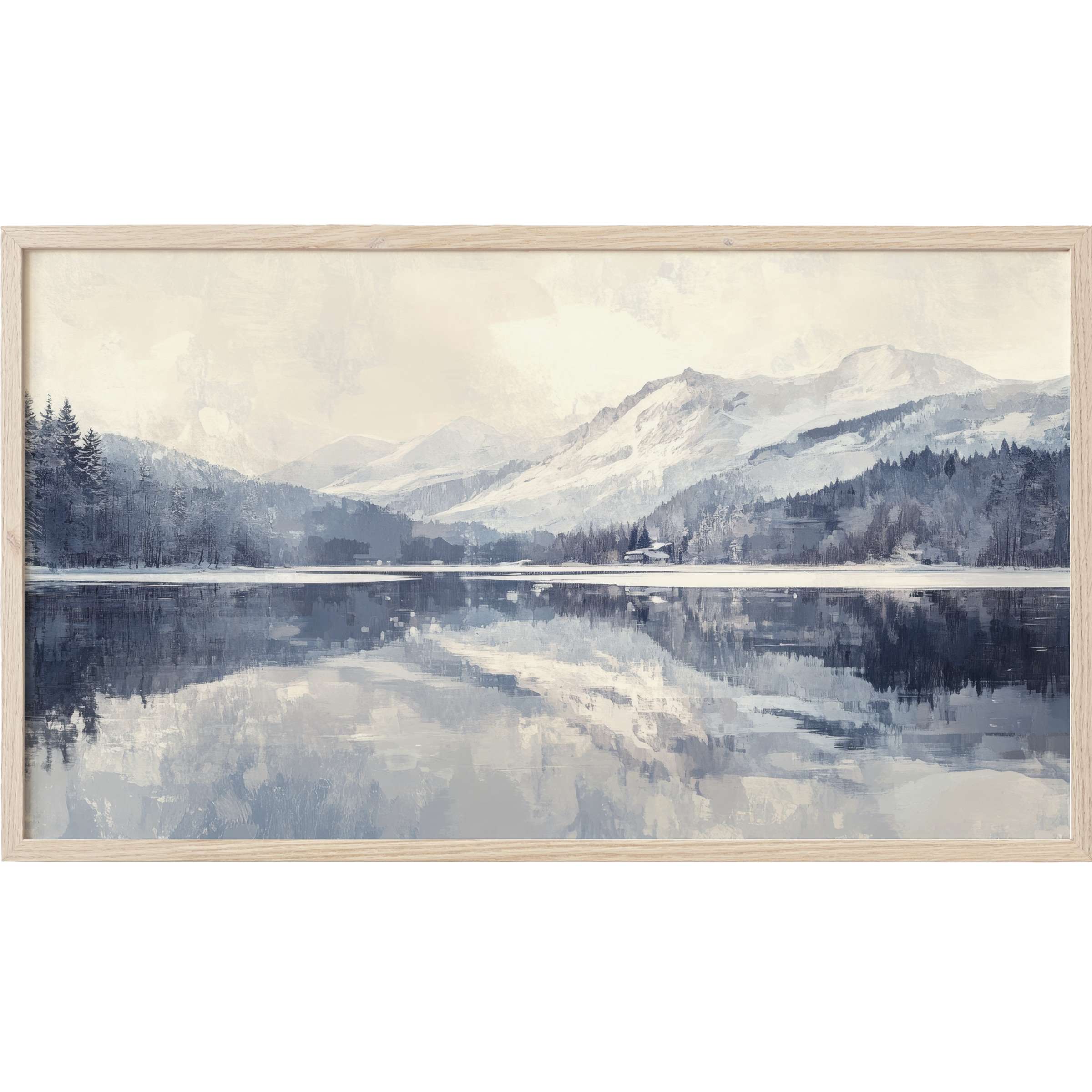 Serene winter mountain landscape in muted blues and grays with reflective lake, perfect winter Frame TV Art