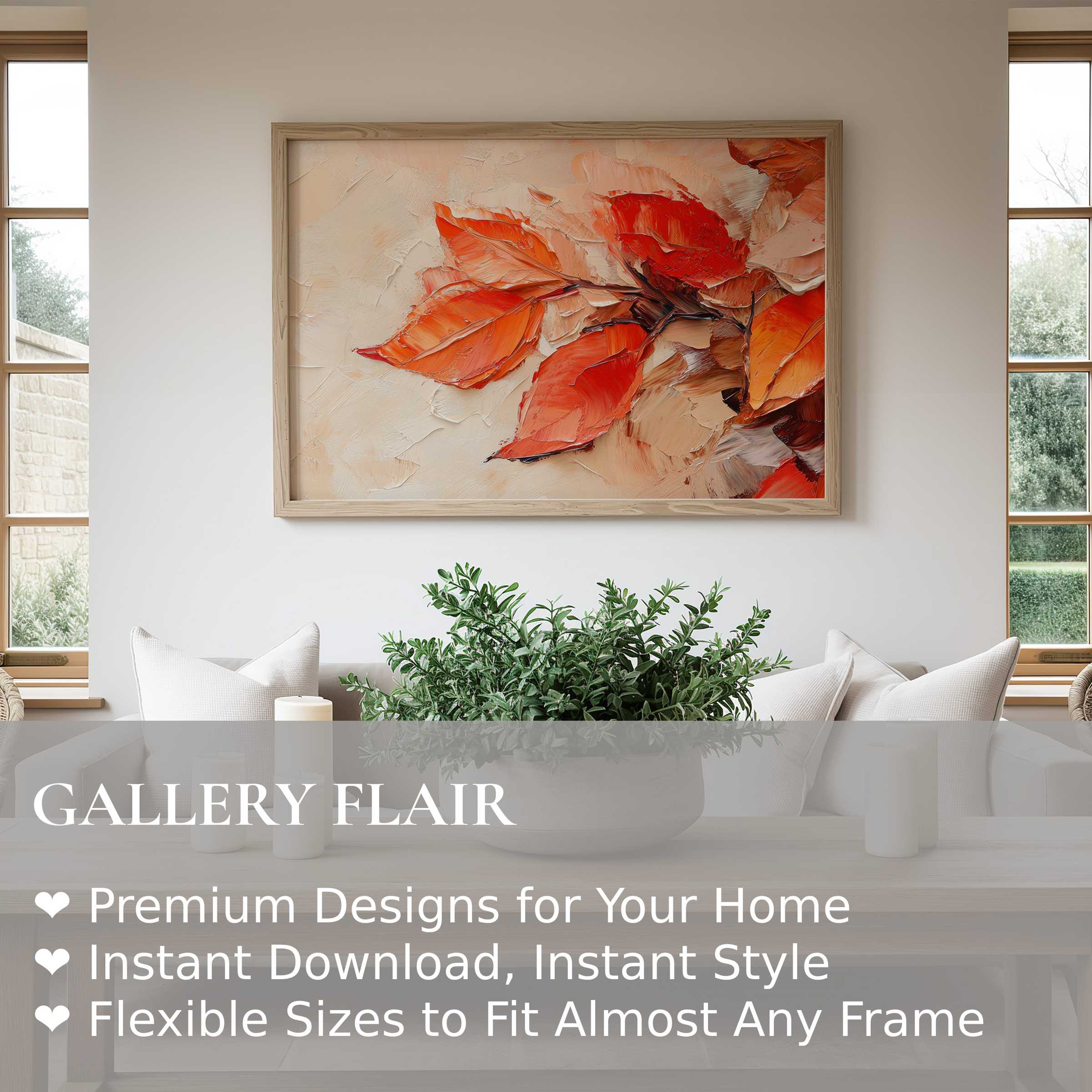 Fall wall art print featuring vibrant textured orange leaves in a modern minimalist living room, enhancing warmth and seasonal elegance