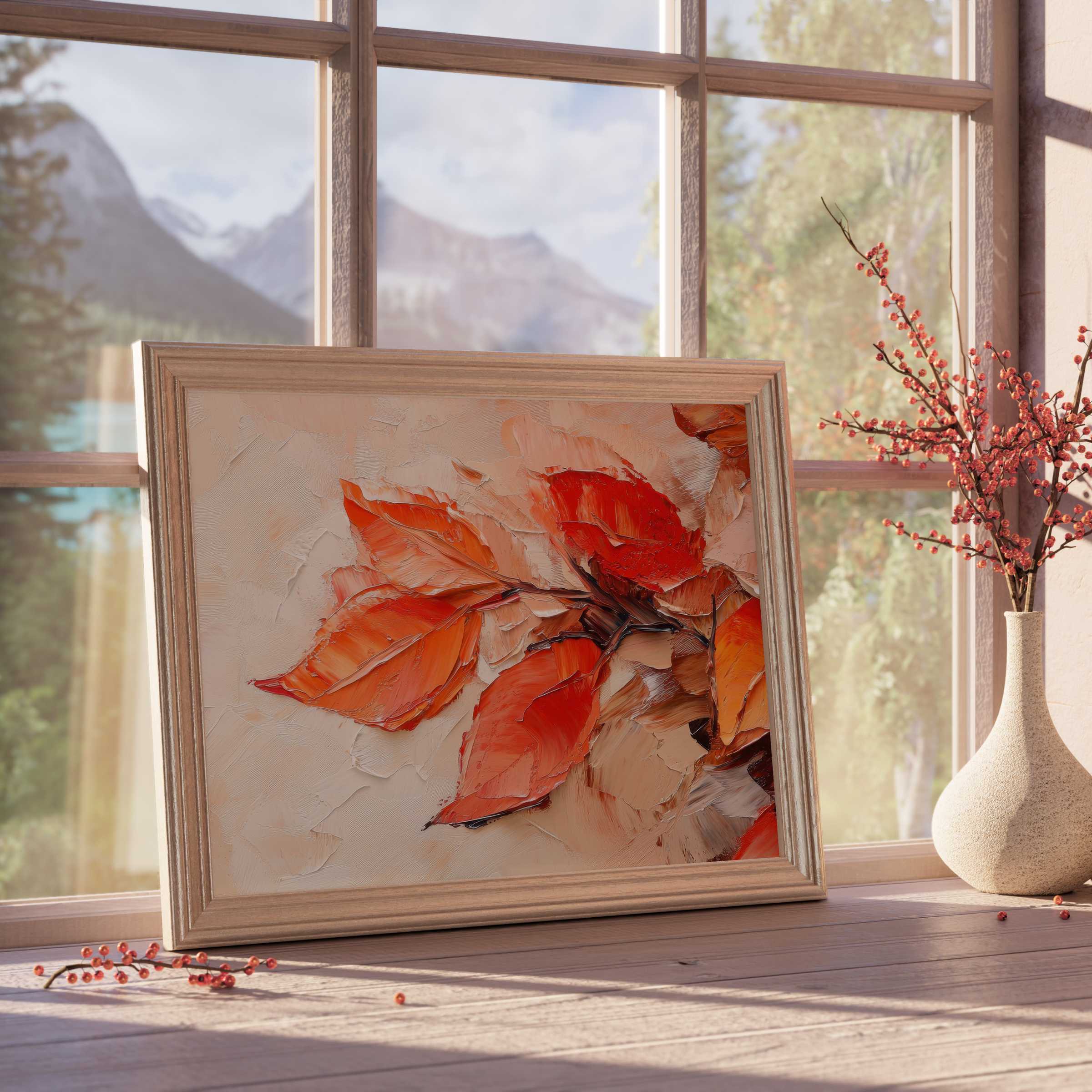 Fall downloadable art featuring vibrant, textured orange leaves enriches curated interiors with warm, tranquil autumn elegance