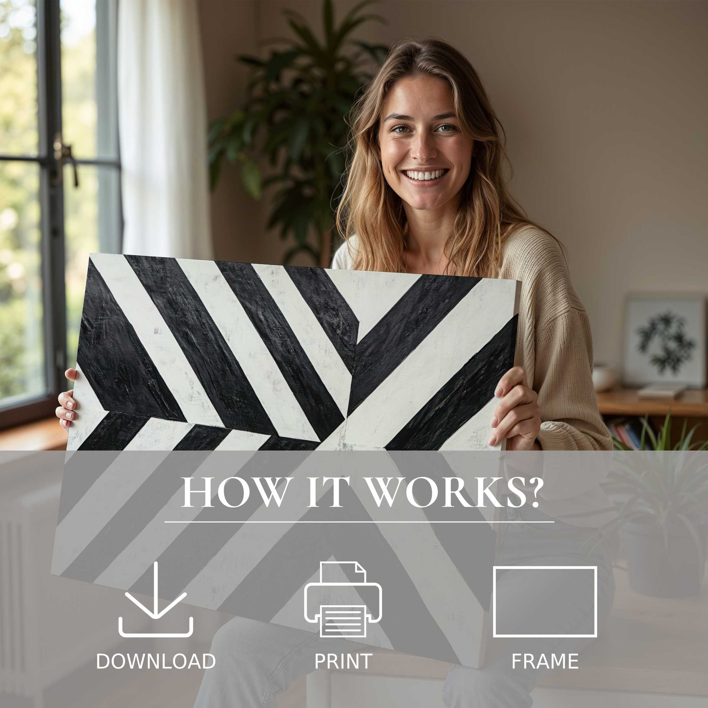 A joyful moment embracing the transformative beauty of a black and white digital art print in a chic, serene home