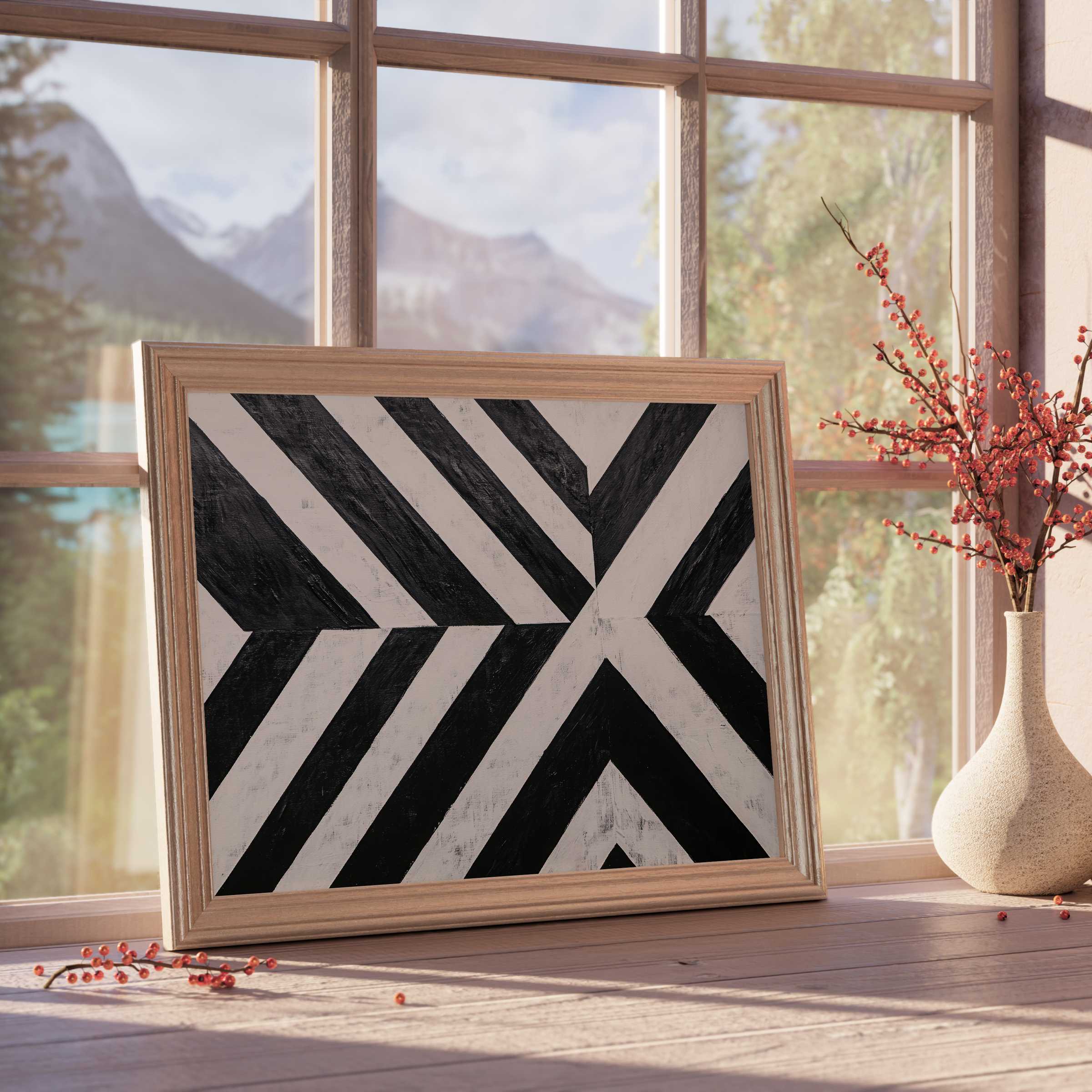 Black and white downloadable art with bold geometric patterns, enhancing serene, design-forward interiors with curated elegance