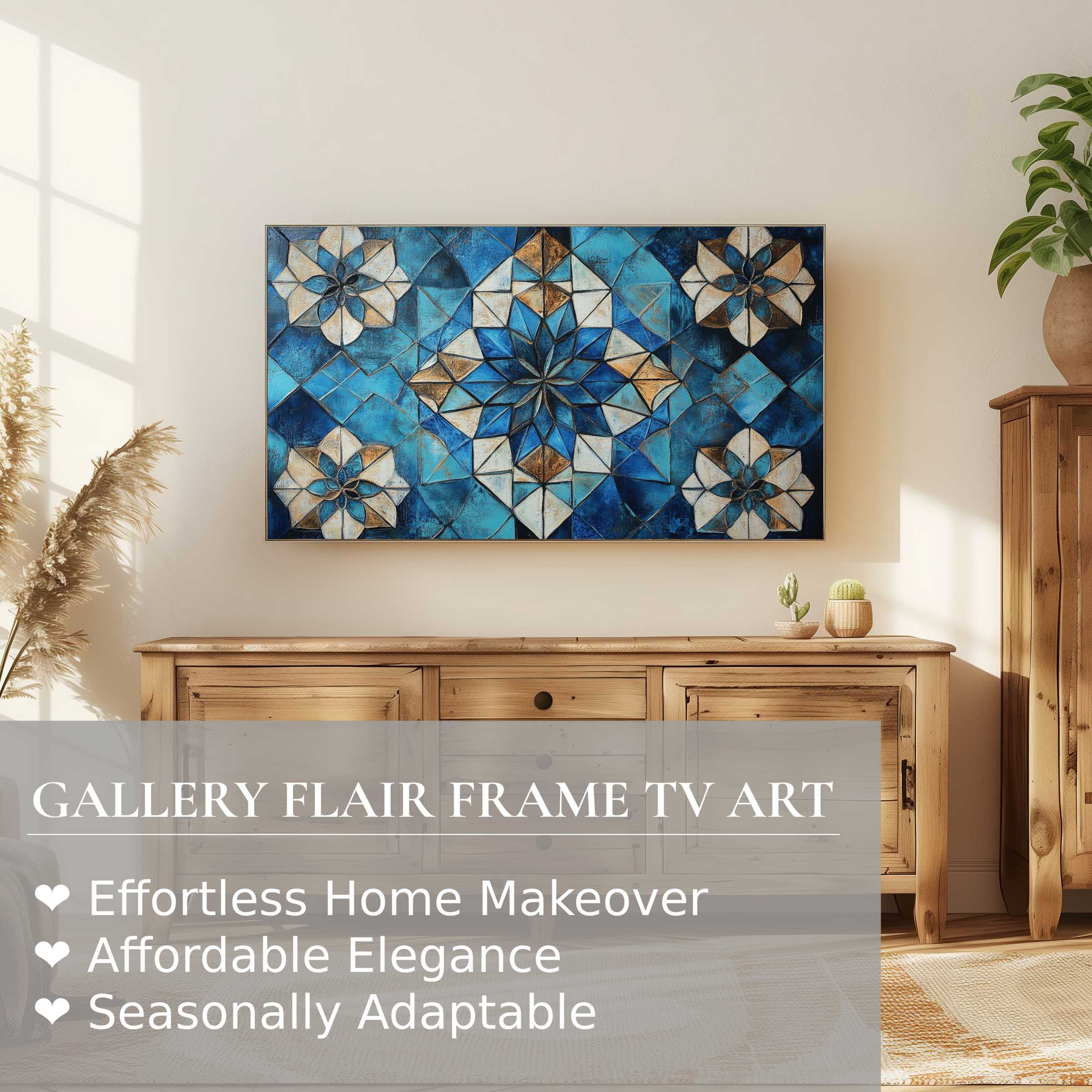 Samsung Frame TV displaying boho digital artwork in a serene, sunlit room with natural wood accents
