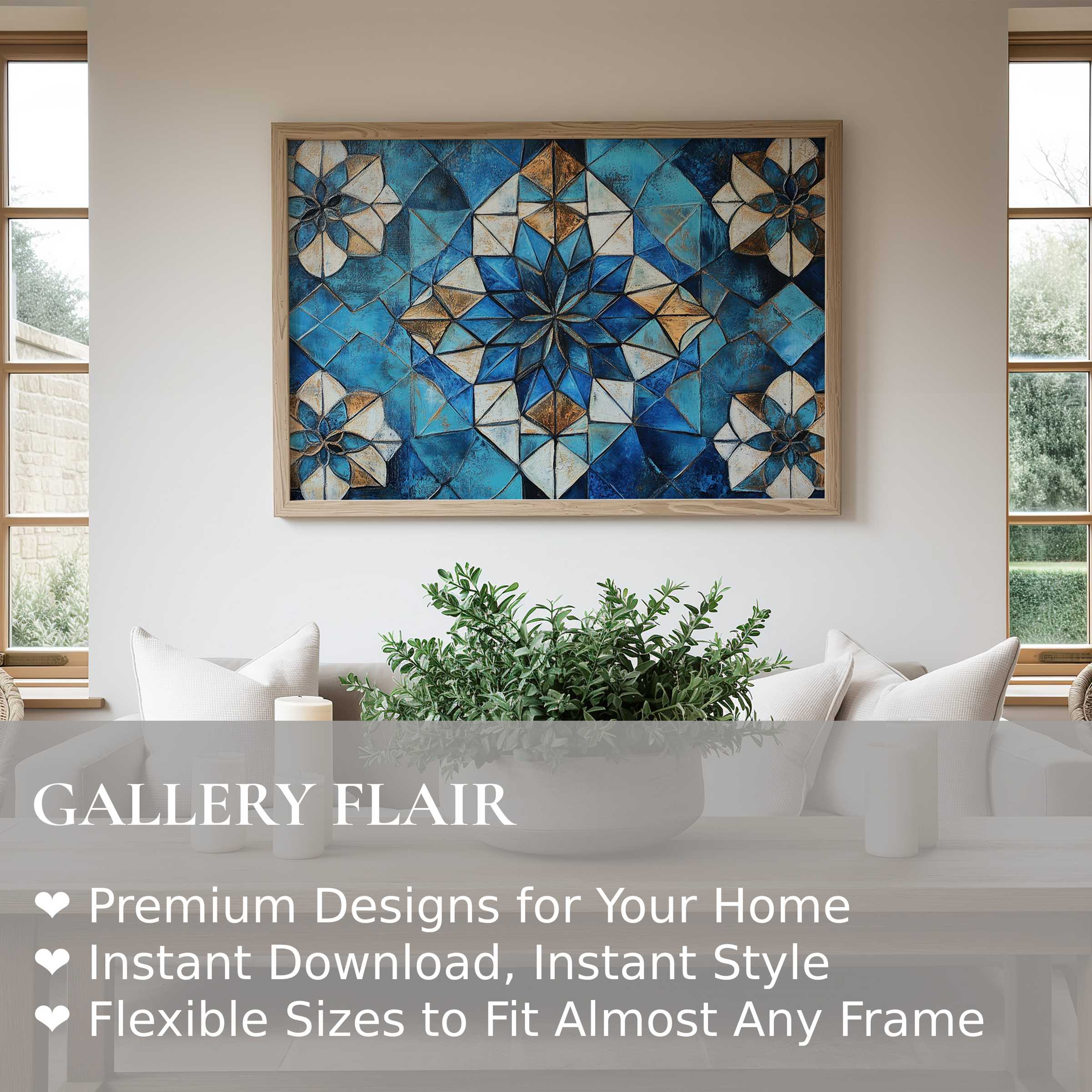 Boho wall art print with radiant blue mosaic florals, enhancing modern rustic interiors with serene, artisan charm and bold geometric elegance