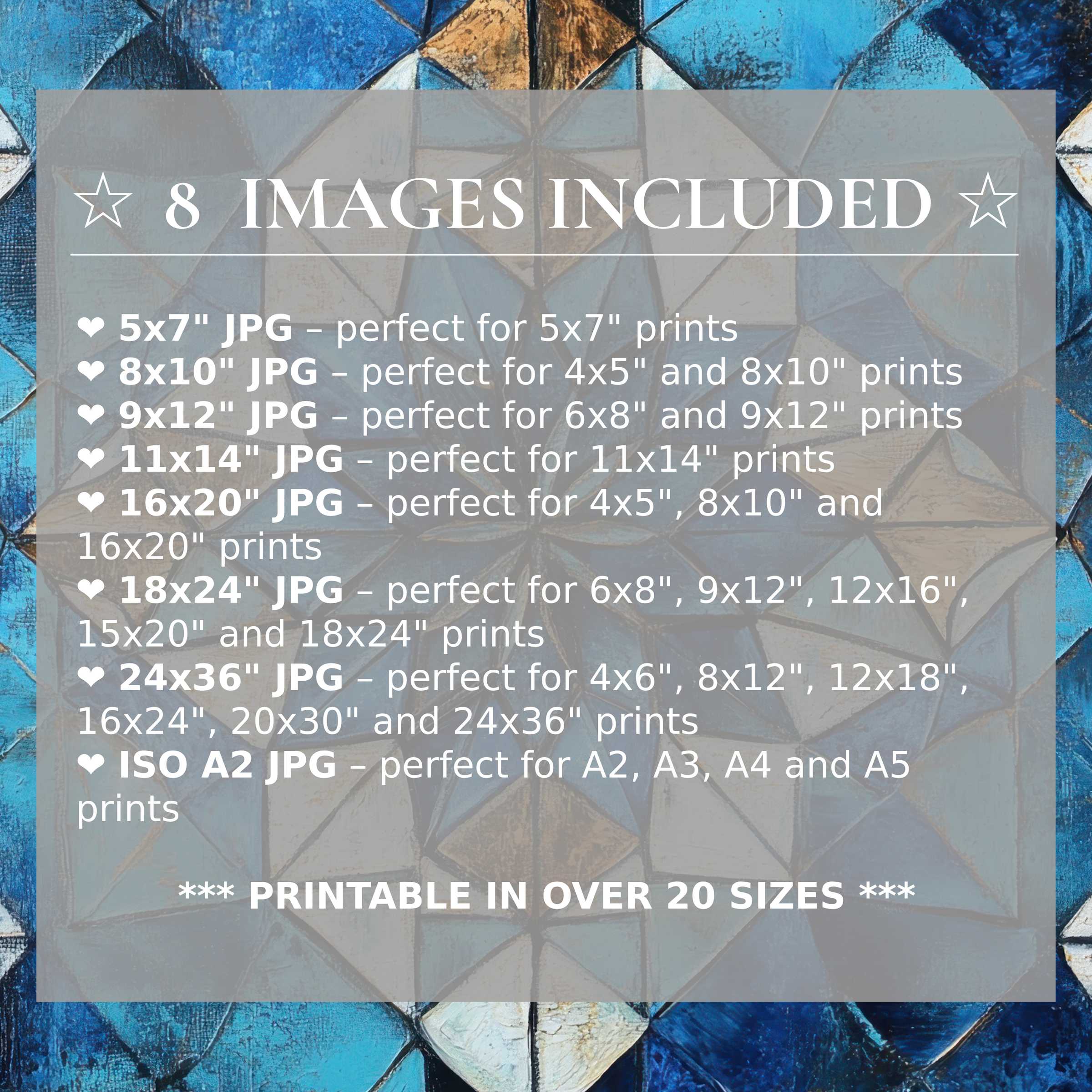 Radiant boho digital print in calming blue and warm gold hues, elevating modern interiors with style and 8 high-quality sizes included