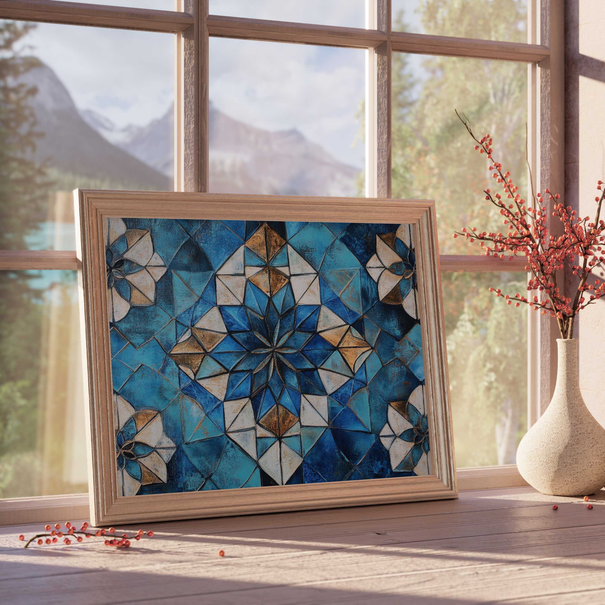 Boho downloadable art featuring a serene blue floral mosaic, elevating tranquil, curated spaces with earthy elegance