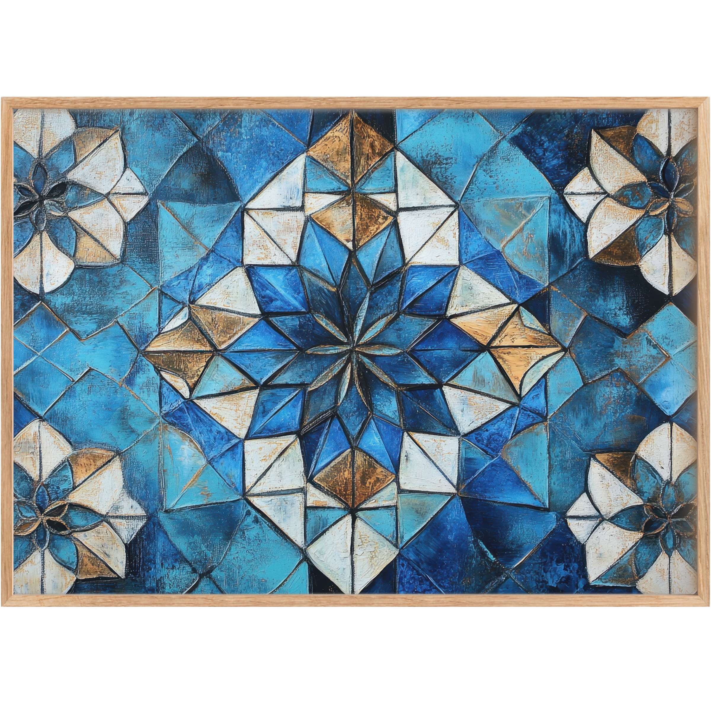 Boho printable wall art featuring a radiant mosaic of deep blues and golds, evoking serene elegance and timeless charm