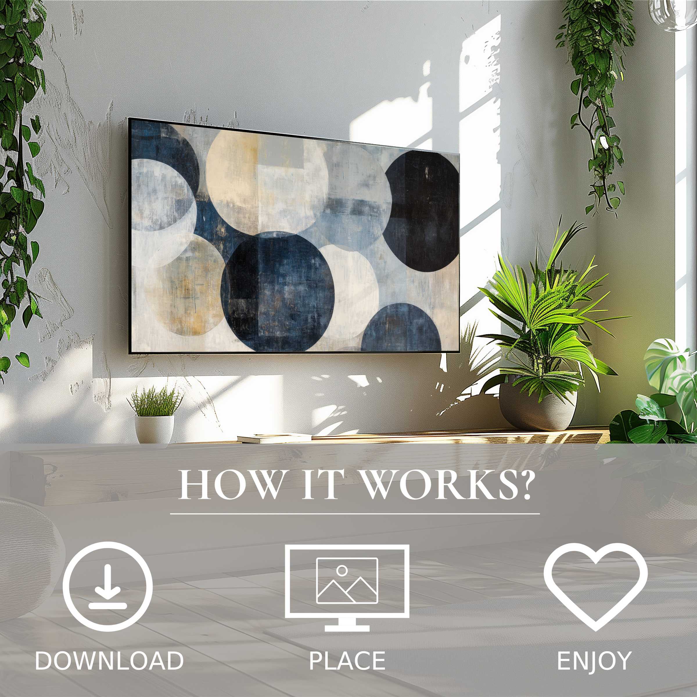Neutral art for Samsung TV shows soft blue and beige color flow, easy digital download enriching sleek modern living