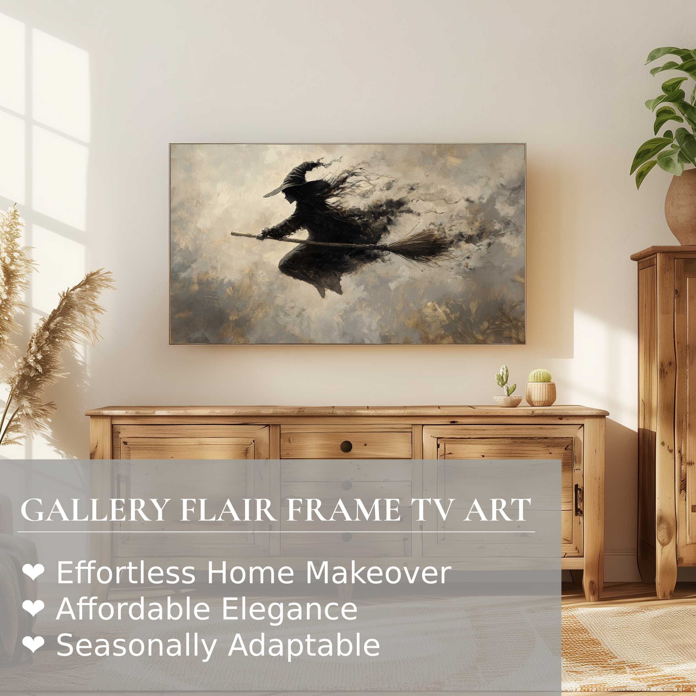 Samsung Frame TV displaying elegant Halloween digital artwork of a witch in muted tones, perfect for refined decor