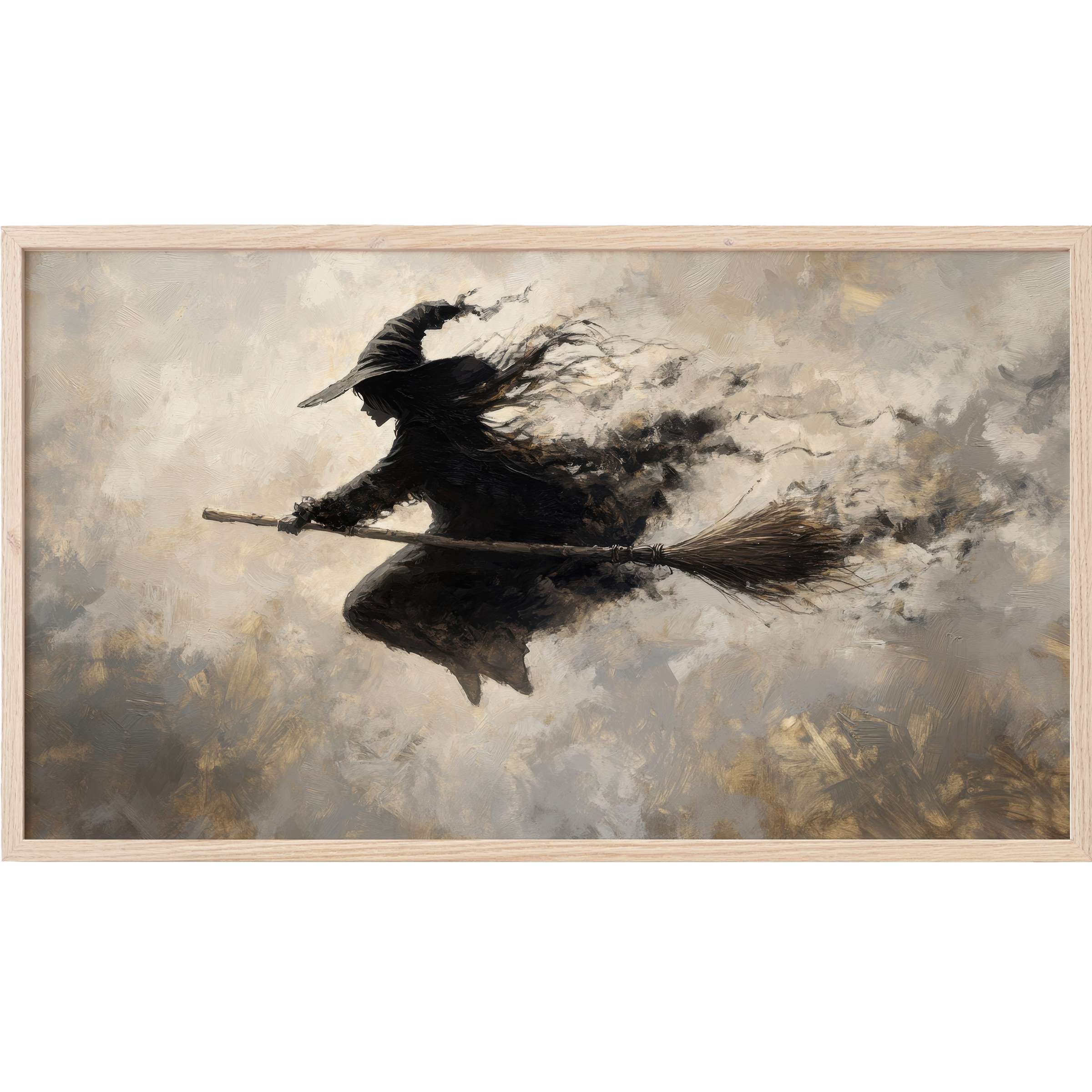 Elegant silhouette of a witch dissolving into smoky hues, muted earth tones, halloween Frame TV Art with modern flair